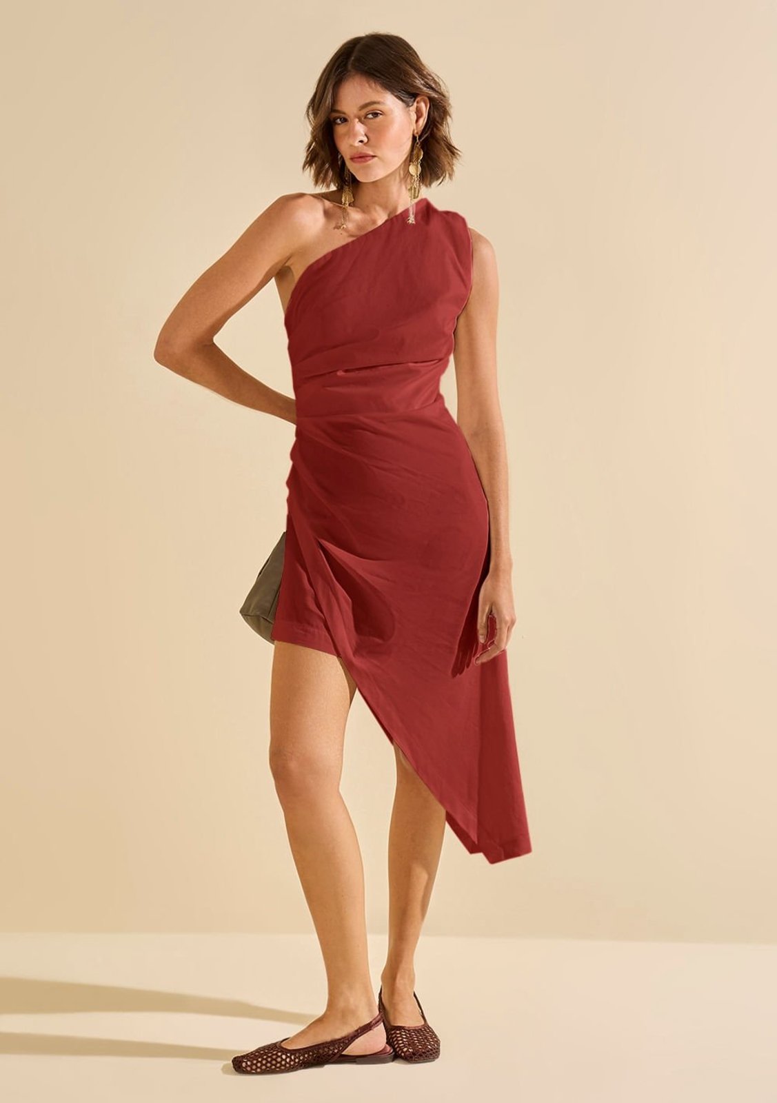 Vestido Morena Rosa Ajustado Um Ombro Só Sem Manga Midi Marrom