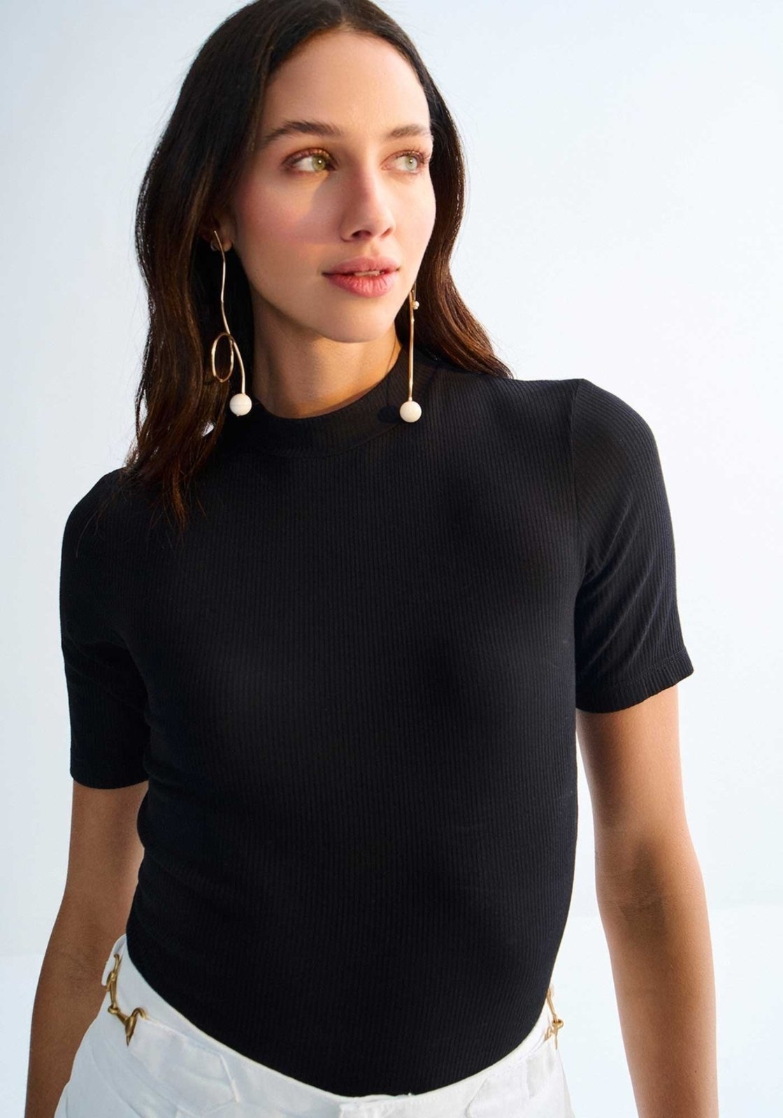 Vista 3 Blusa Manga Curta Canelada com Gola Alta Lez a Lez preto Lez a Lez preto