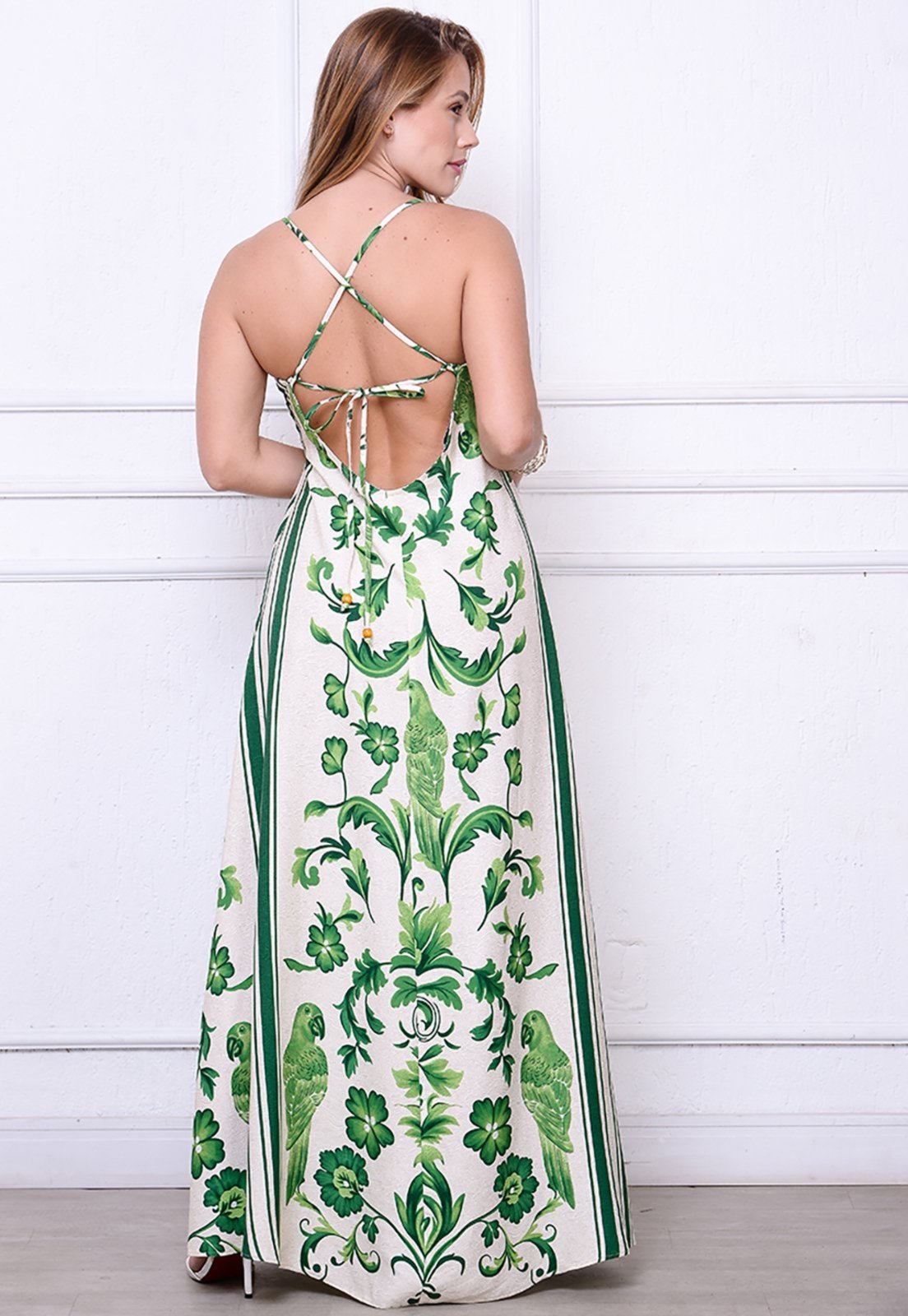 Vista 3 Vestido Maria - Longo com Decote nas Costas Estampado BBonnie verde BBonnie verde