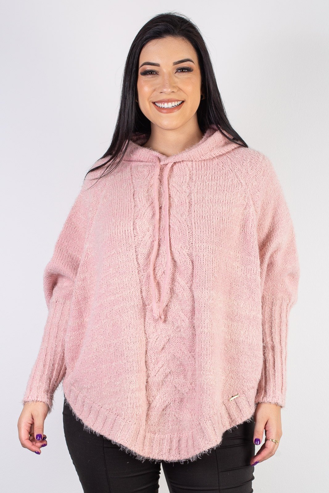 Poncho feminino de malha com trança 60012 - Rosa