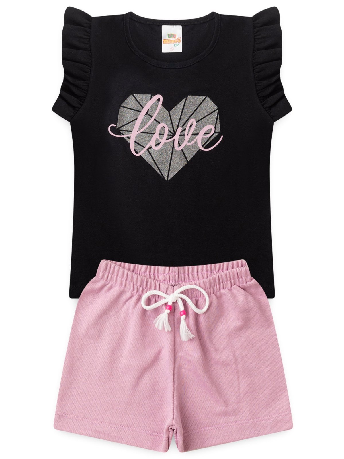 Infantil - Conjunto Feminino Silk Coração Manga Borboleta 2 ao 14 anos Preto
