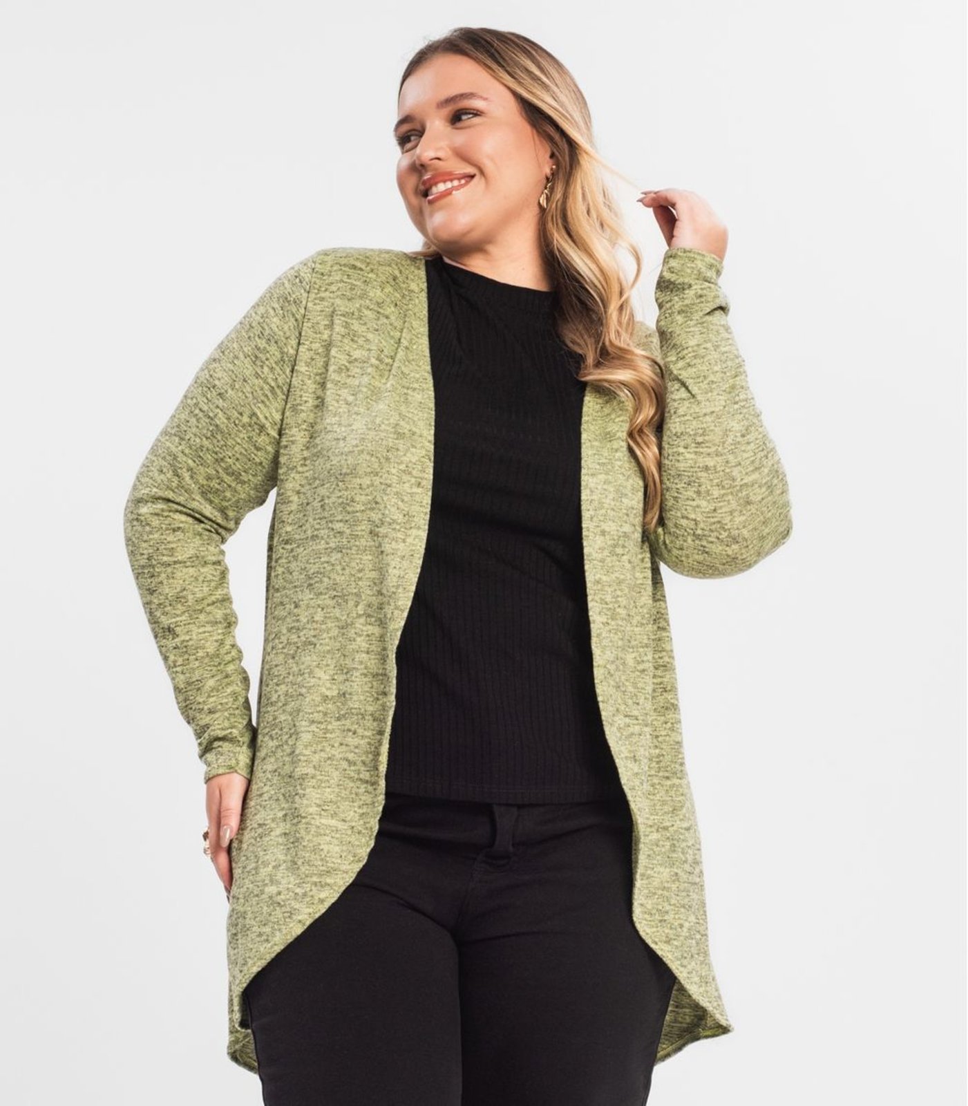 Vista 3 Cardigan Feminino Plus Alongado Infinita Cor Rovitex Plus Size amarelo Rovitex Plus Size amarelo