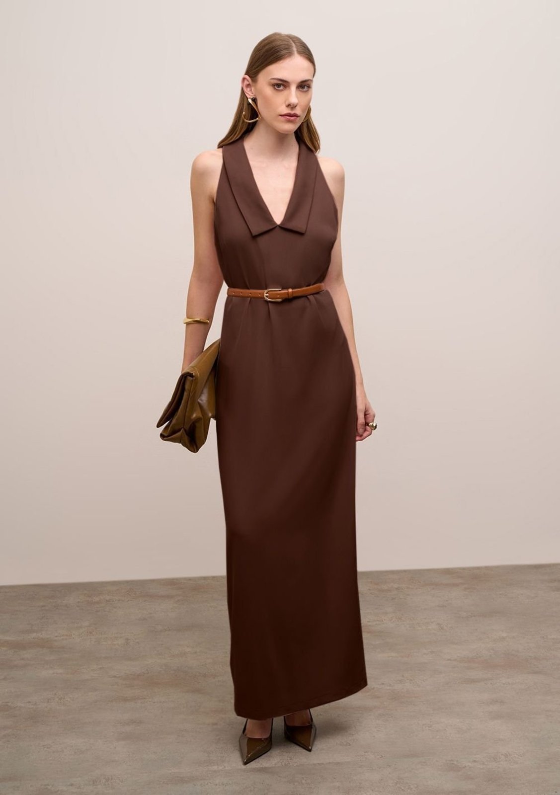 Vestido Iódice Solto Decote V Sem Manga Longo - Marrom