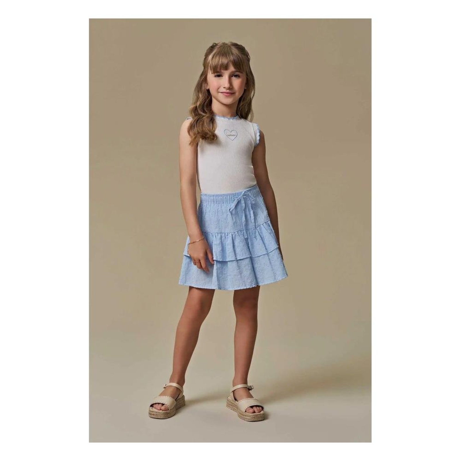 Infantil - Conjunto Feminino Blusa Manga Saia Babados Infanti Branco Azul 10 Azul