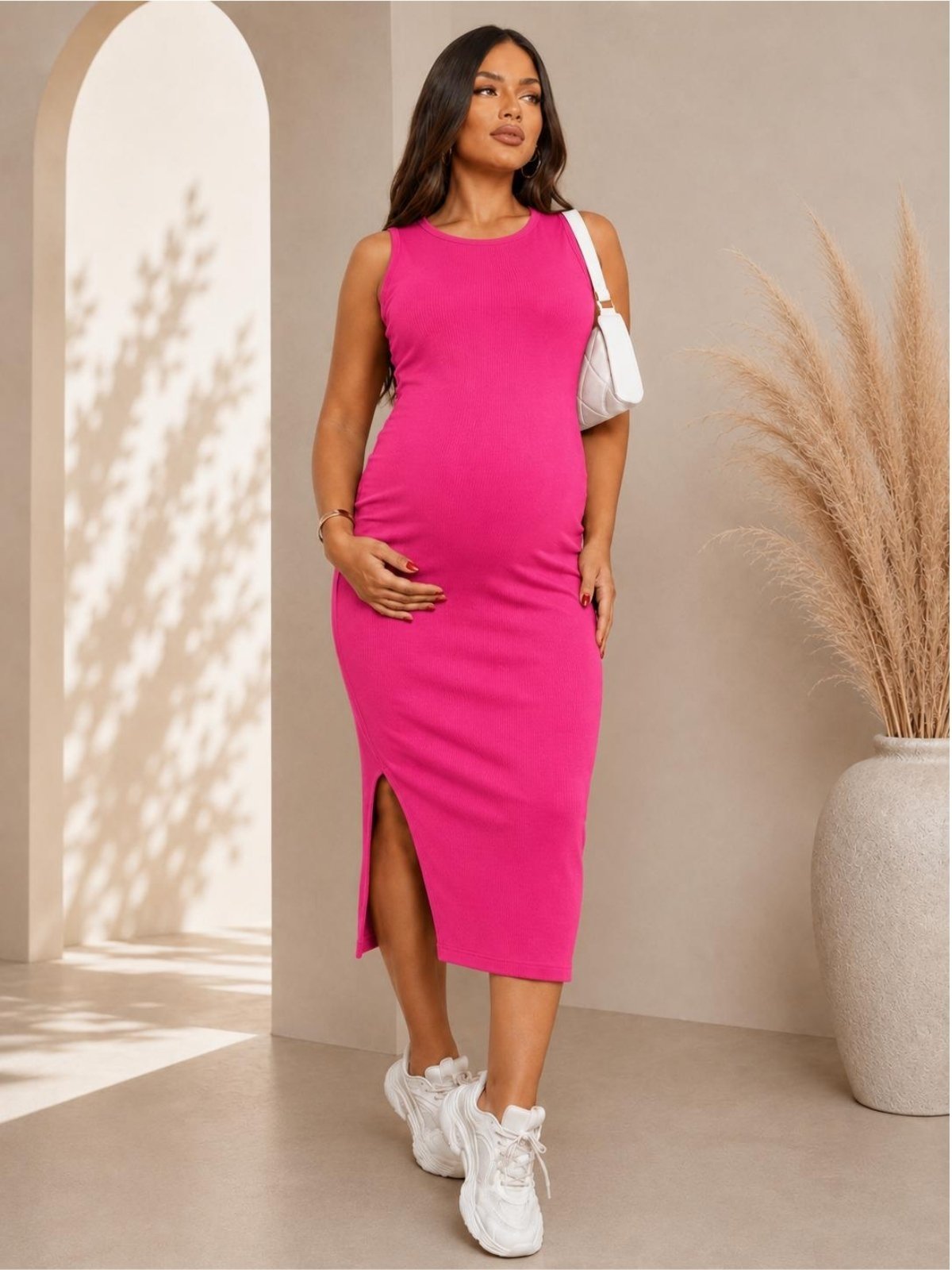 Vestido Casual Materno Gestante Gravidez Pink de Ribana de Algodão Alta Elasticidade Confortavel e Fenda Lateral Sem Manga