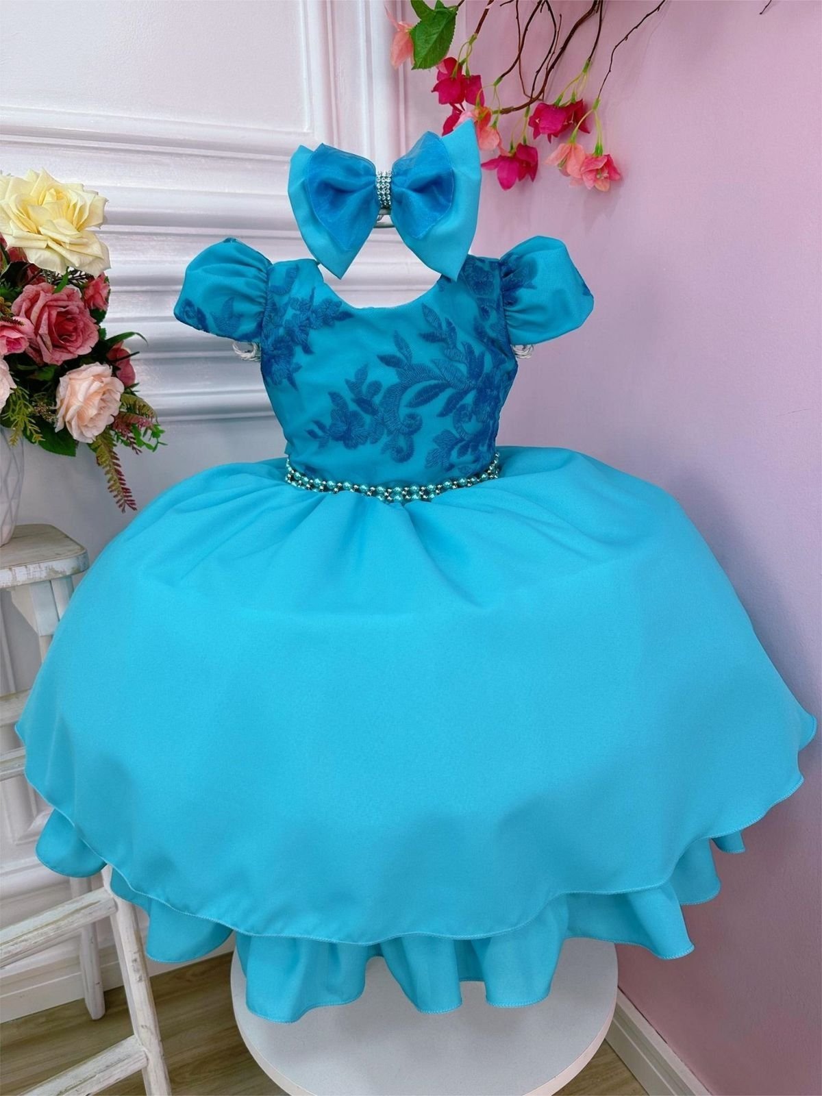 Infantil - Vestido Festa Verde Azul Turquesa Tiffany com Laço Cabelo Renda Princesa Formatura Casamento Pérolas Social Rodado Florista Dama Daminha Aniversário Luxo Menina Juvenil