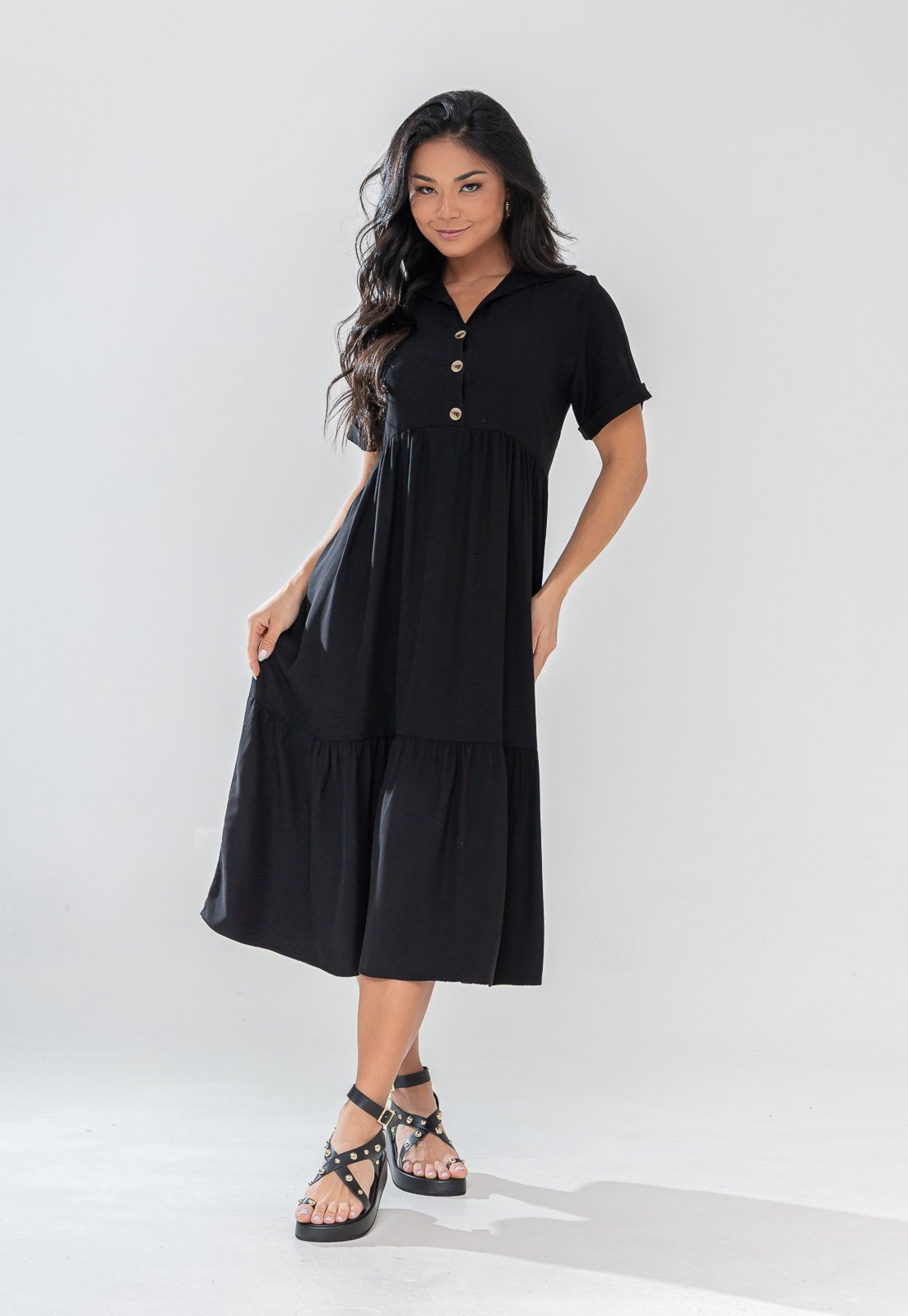 Vestido Aura Chemise Rafaela Sarja Liso Preto