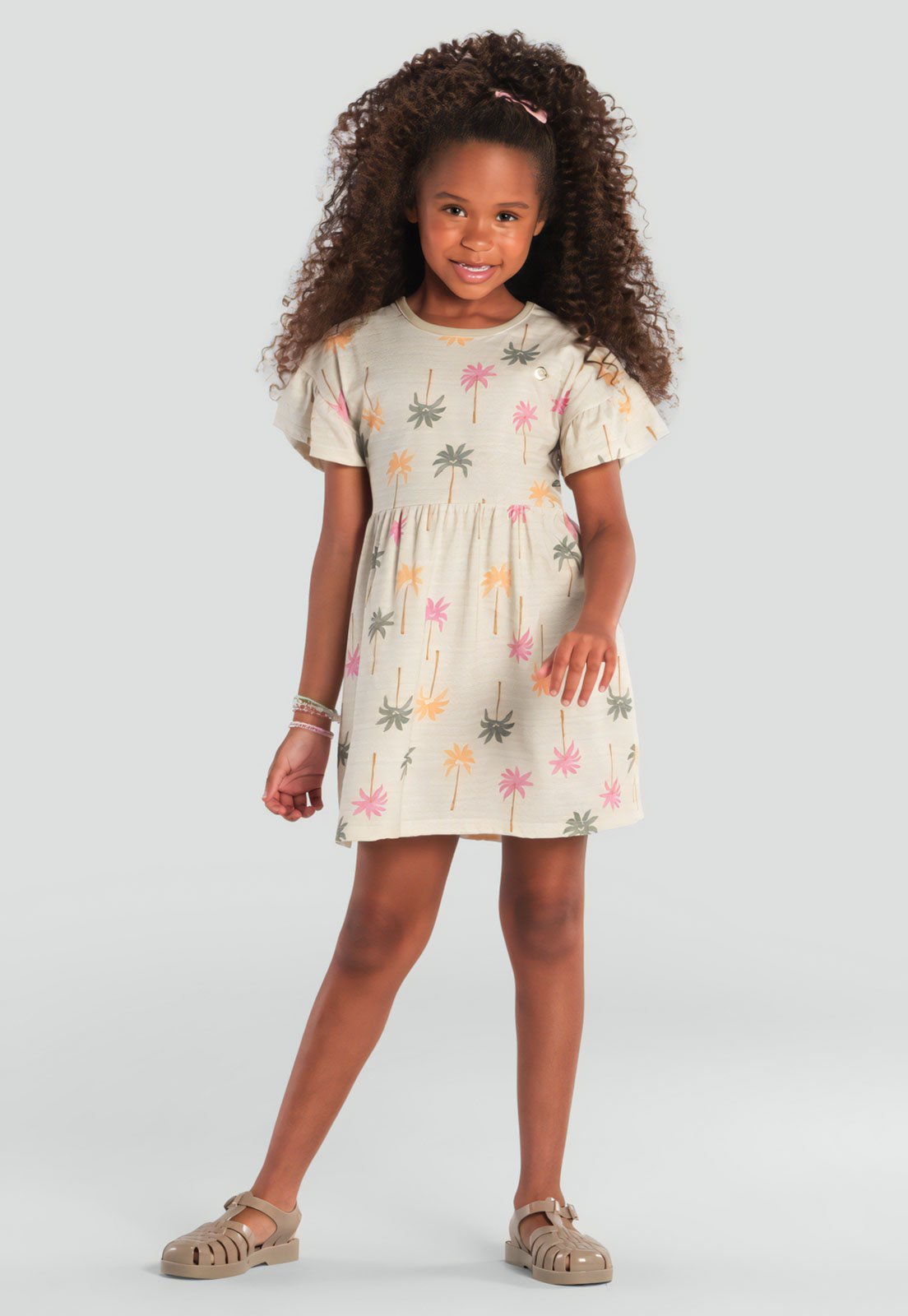 Vista 2 Infantil - Vestido Brandili Floral e Folhagem bege Brandili bege