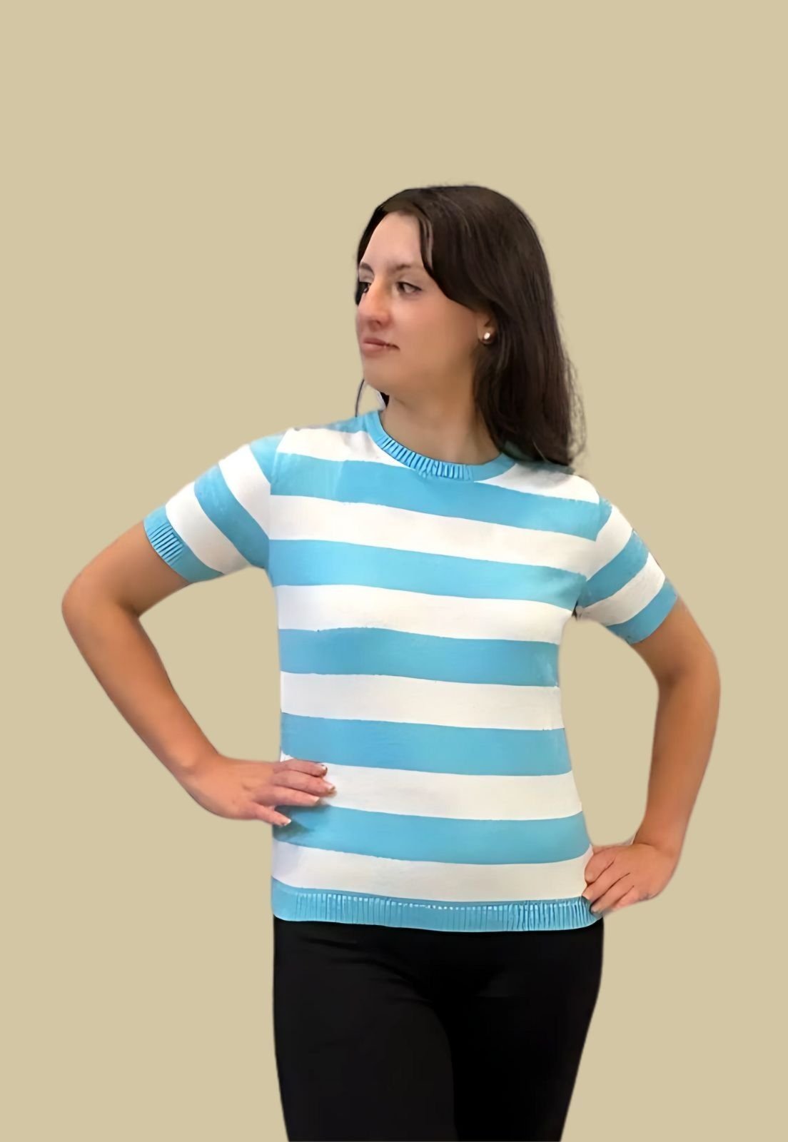 Blusa Listrada Tomasini Tricot Manga Curta Azul