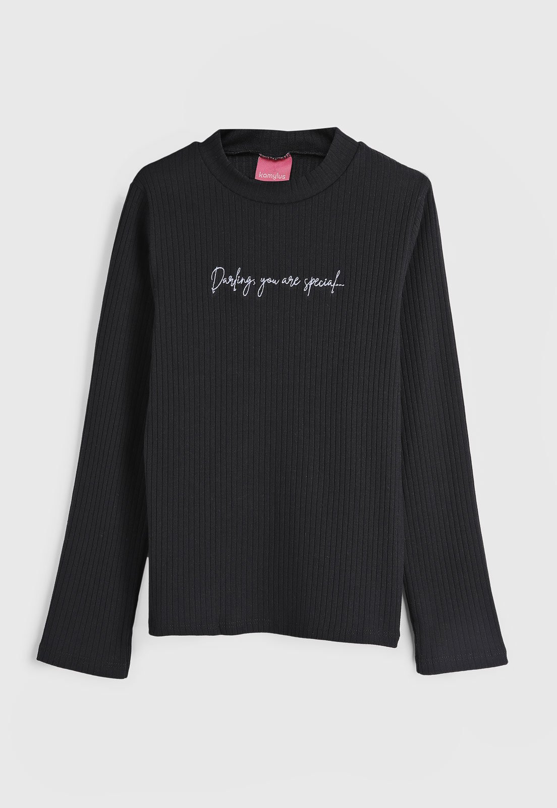Vista 2 Infantil - Blusa Kamylus Canelada Com Bordado Preta preto Kamylus preto