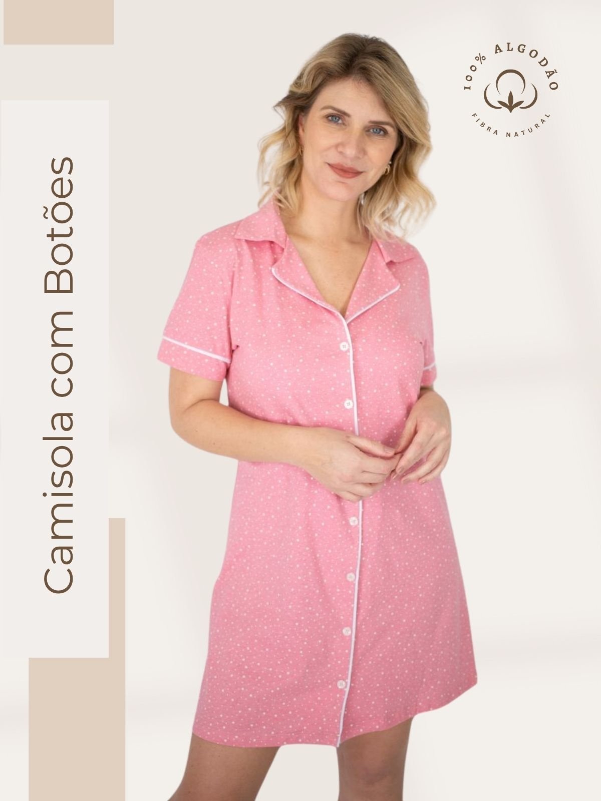 Camisola Algodão Piante Americana Manga Curta com Filete Poá Rosa
