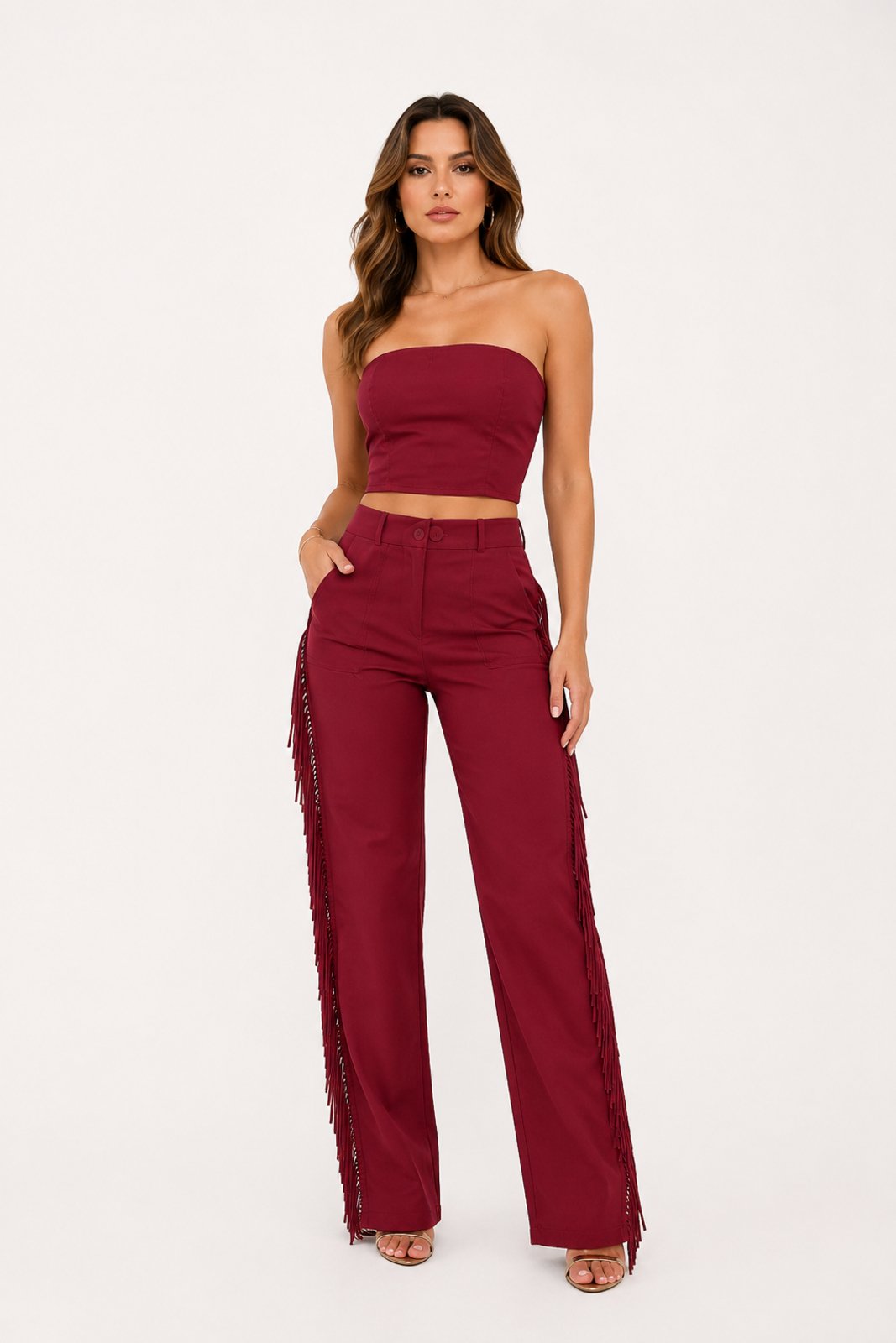 Conjunto D Bell Outlet Fashion Couro Tomara Que Caia Franjas Vinho
