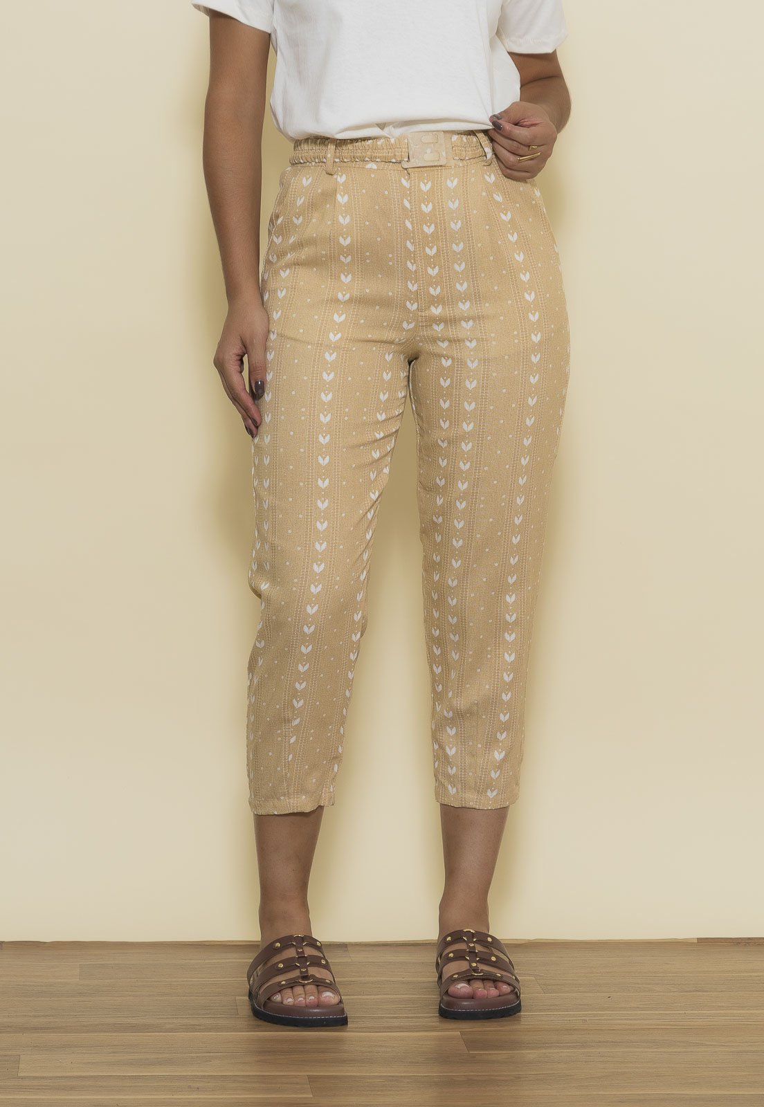 Calça Aura Linho Viscose Tulipas Bege