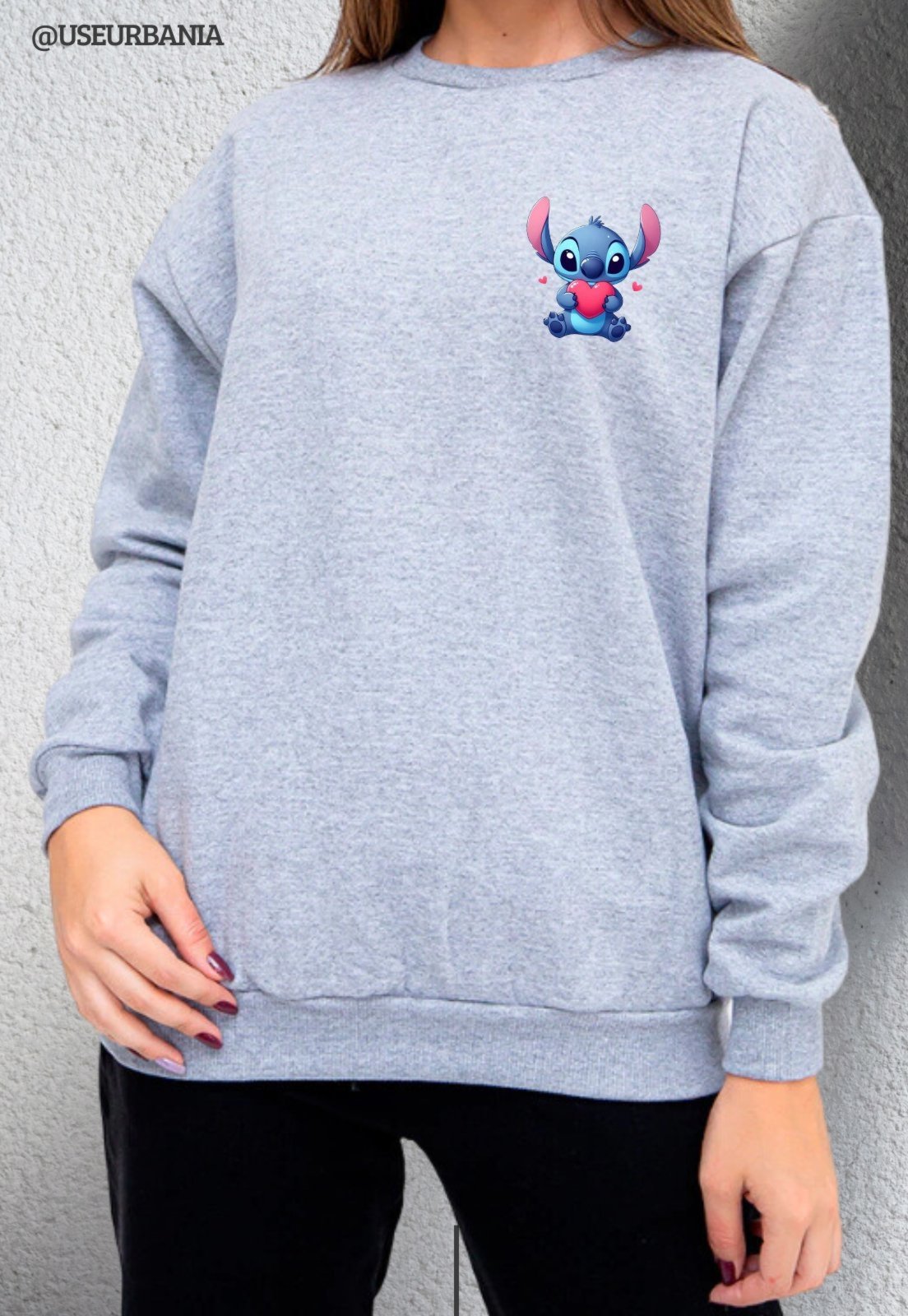 Blusa de Frio Moletom mooboo Flanelado Estampado Gola Redonda Moleton urbania Clássico Gola Careca Casaco Blusão Premium cinza claro mescla Estampa Stitch coração