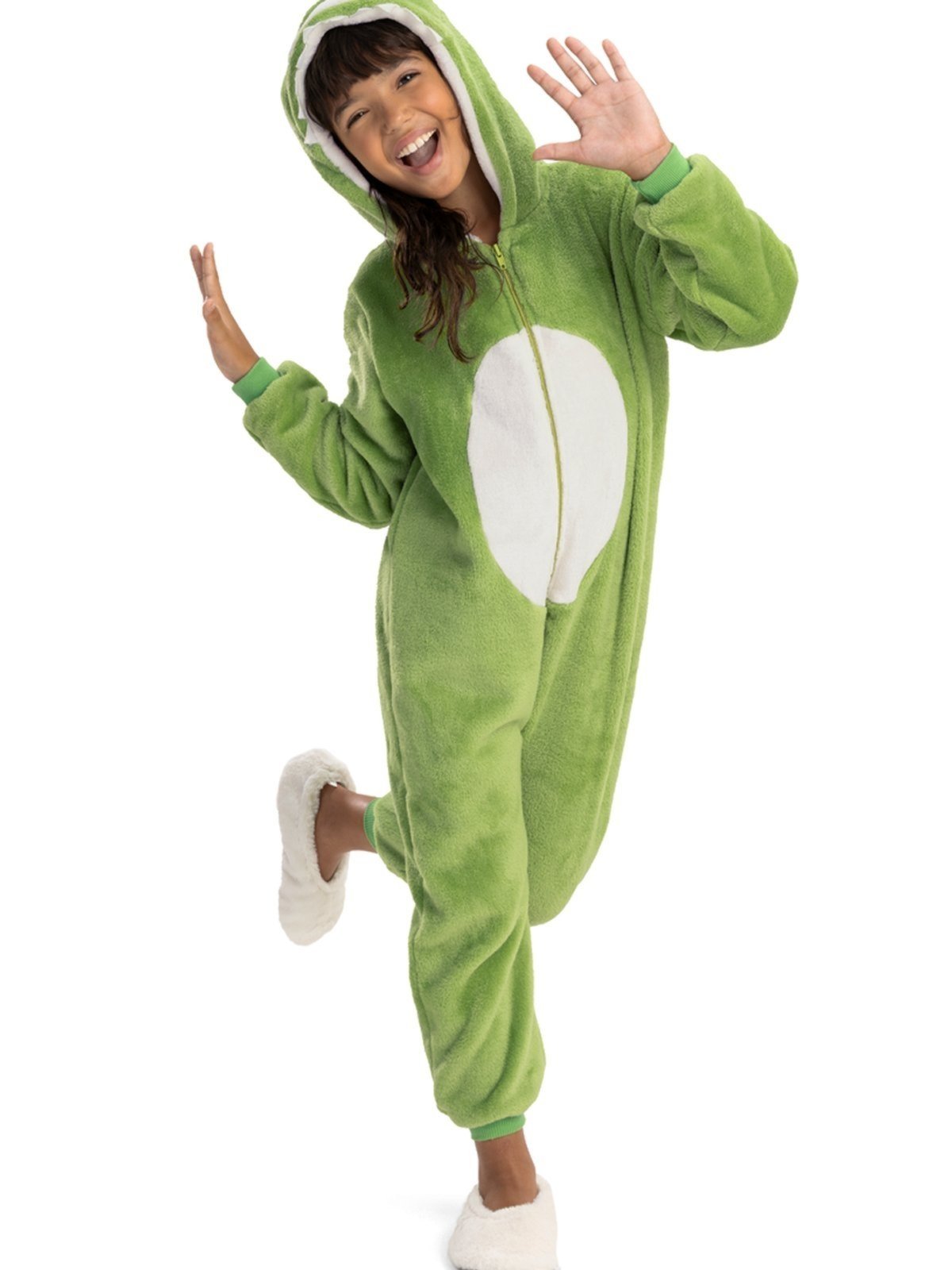 Macacão Kigurumi Unissex Brilha no Escuro em Soft Fleece - Dinossauro Verde