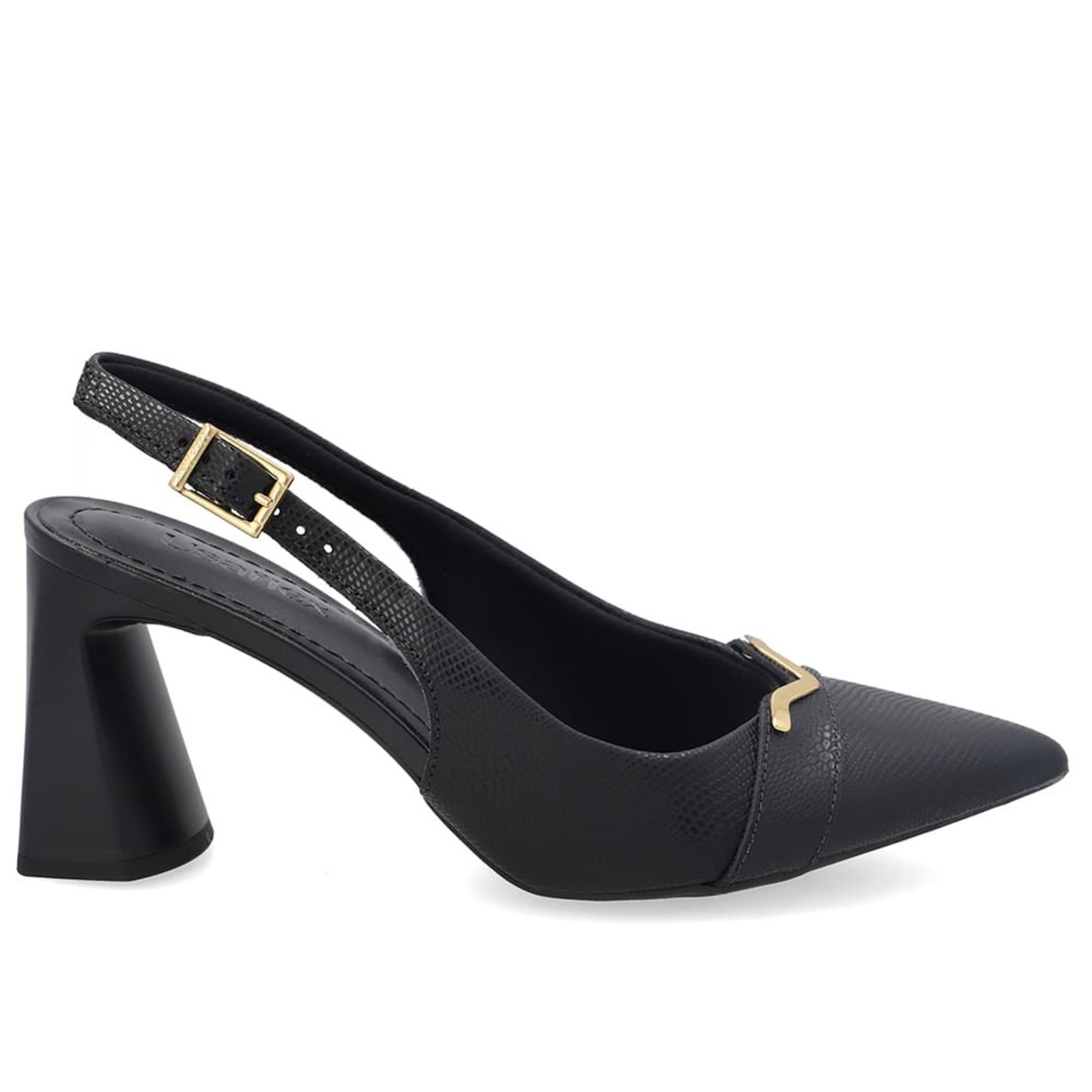 Slingback Em Couro Preto Bico Fino