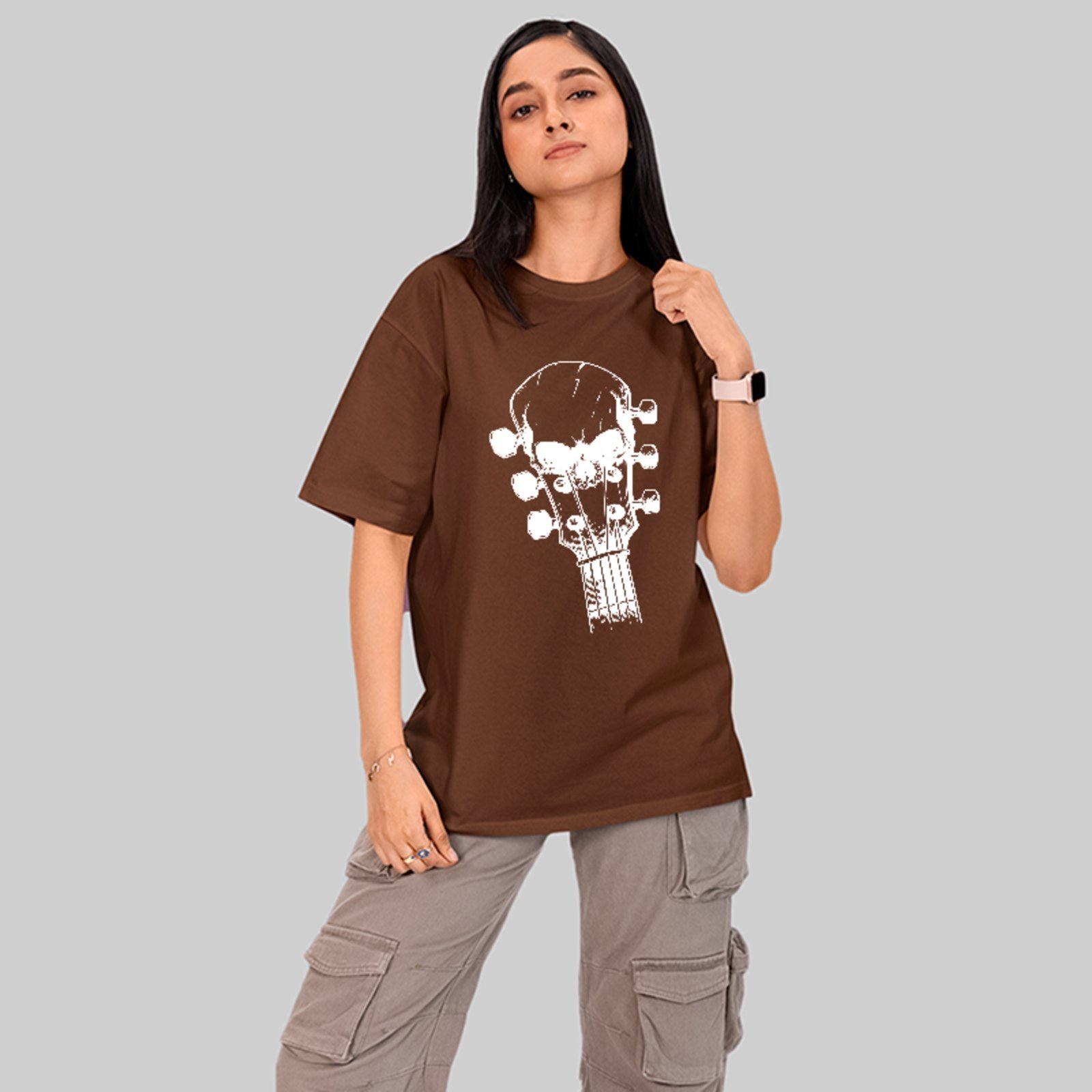 Camiseta Oversized Skull Guitar Rock Style Urban Trend Marrom
