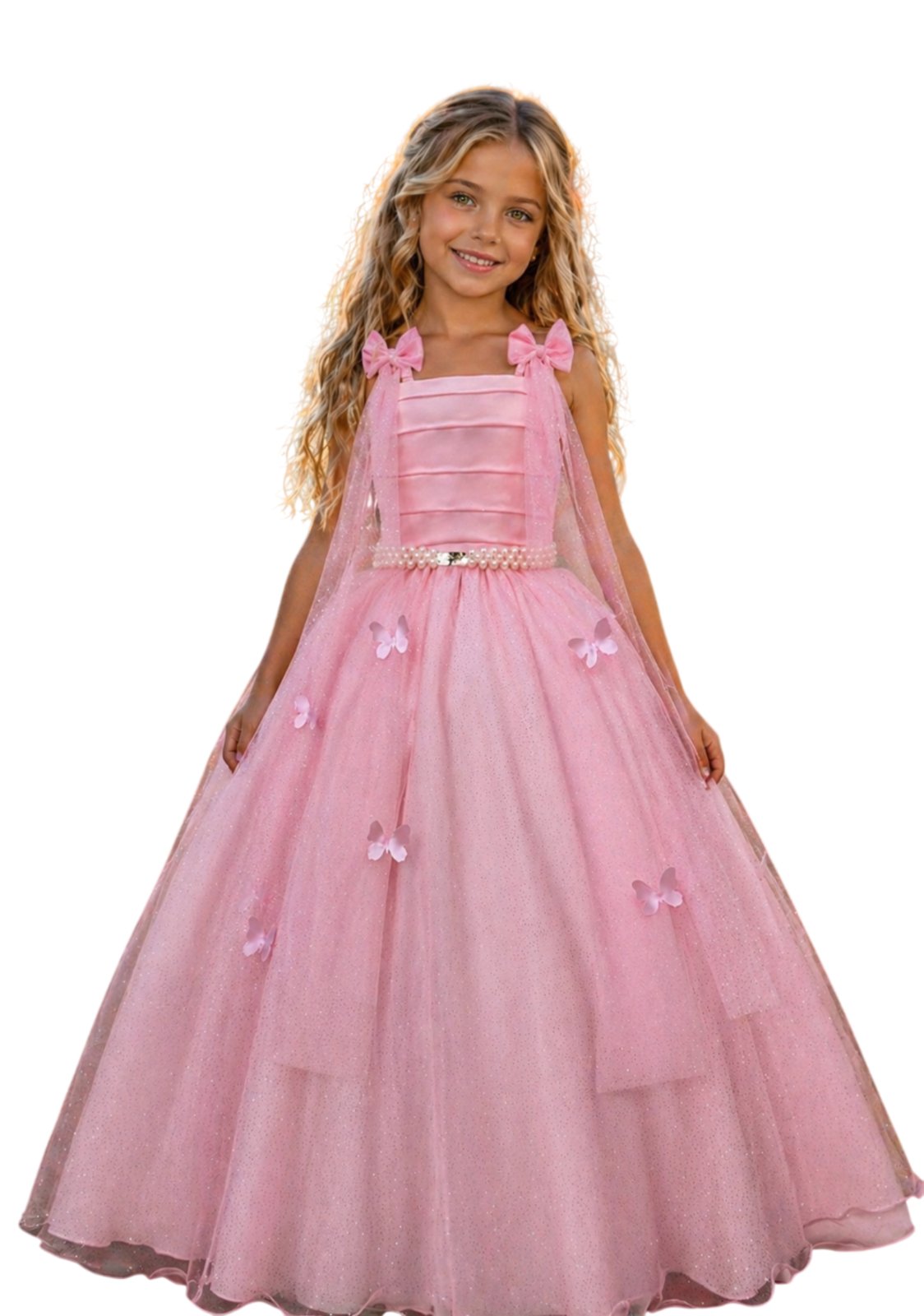 Infantil - Vestido Festa Longo Rosa Claro Formatura Casamento Dama Daminha Borboletas Social Menina Juvenil Pérolas Juvenil Princesa Rodado Florista Aniversário Luxo