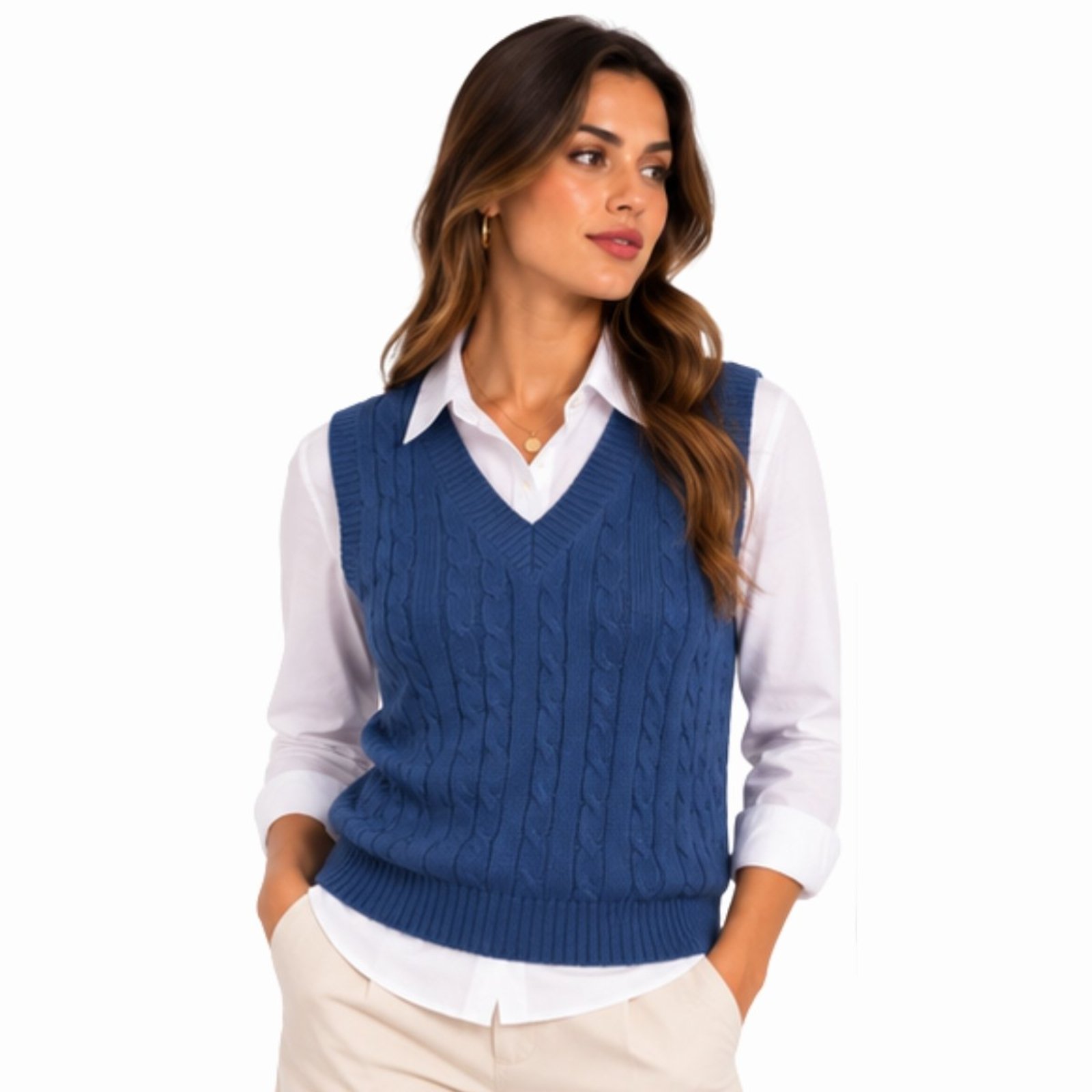 Colete Feminino Tricô Trançado Gola V Sobreposição Casual Marinho