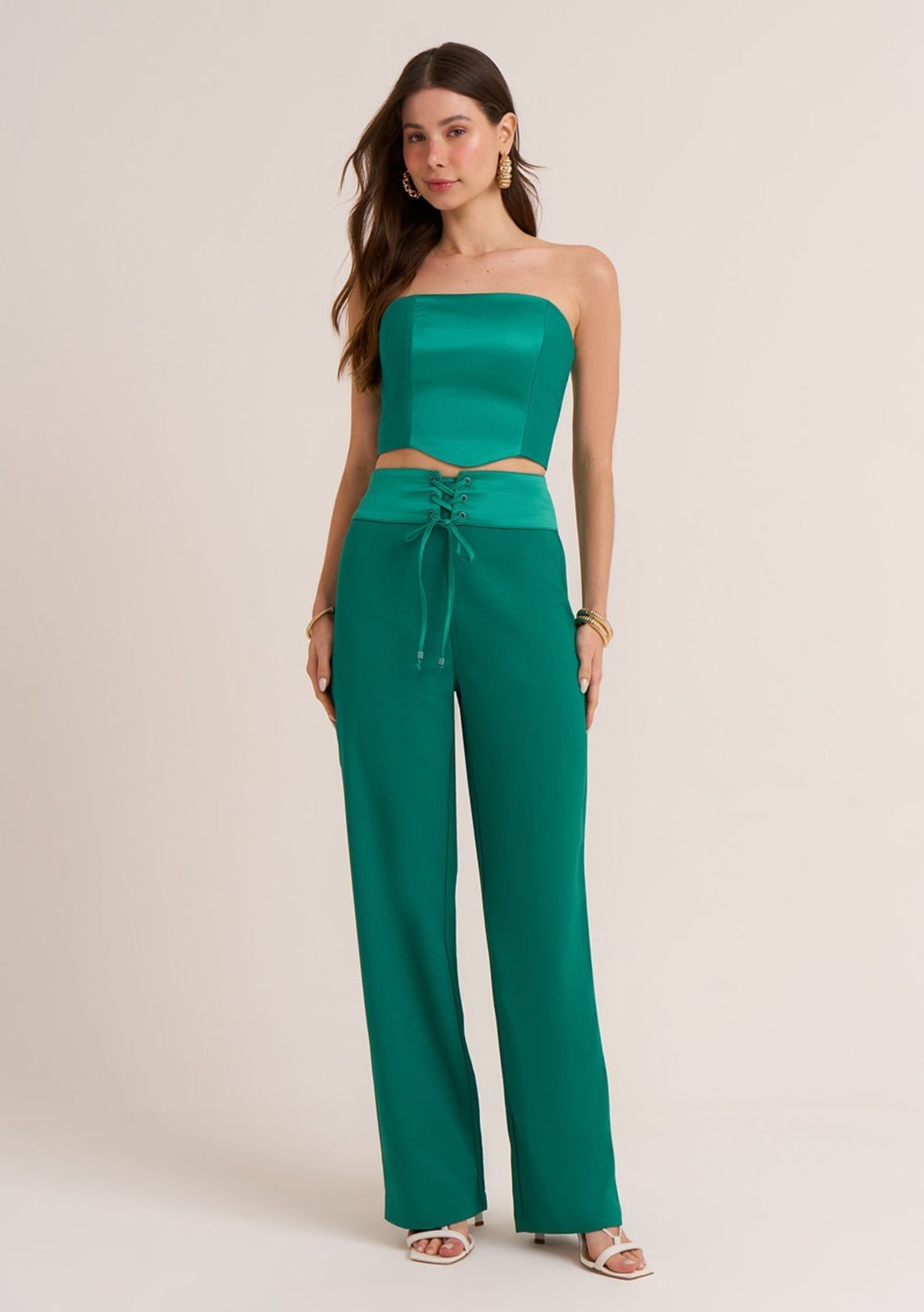 Calça Zinco Pantacourt Cós Alto Detalhe Ilhós Verde