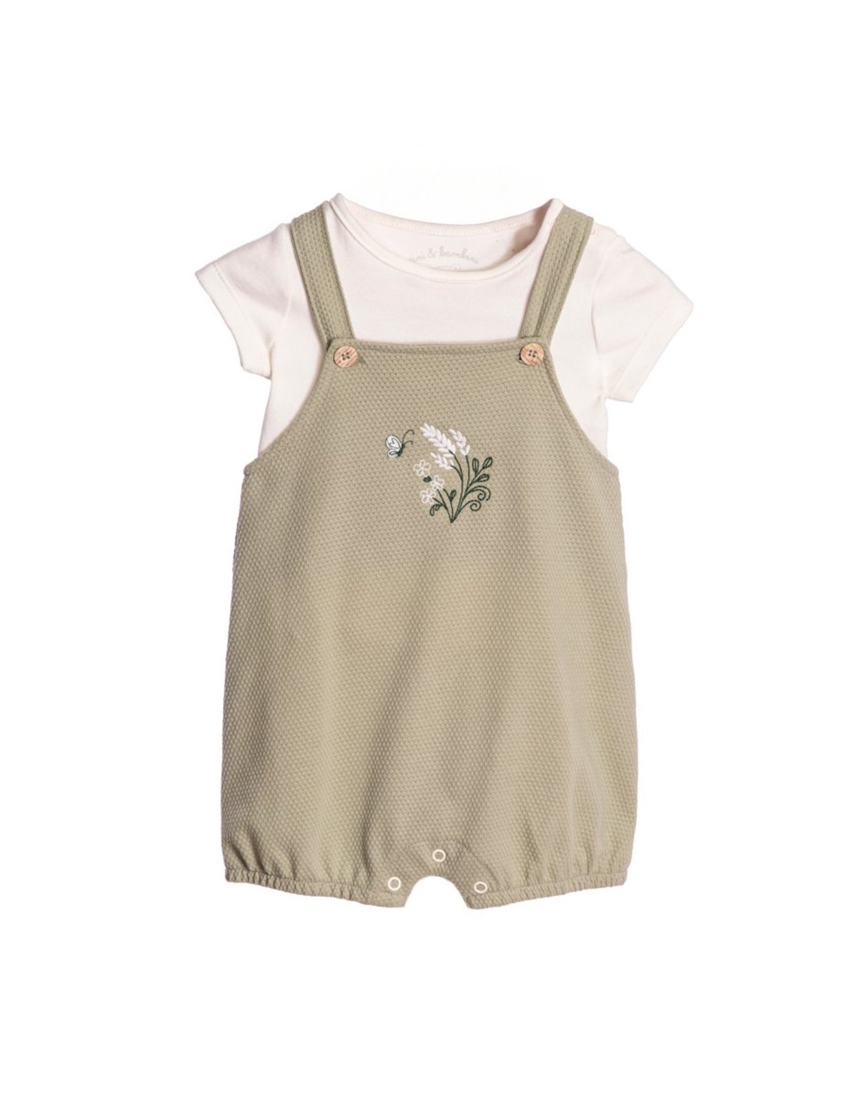 Infantil - Conjunto blusa suedine off-white e jardineira malha texturizada verde
