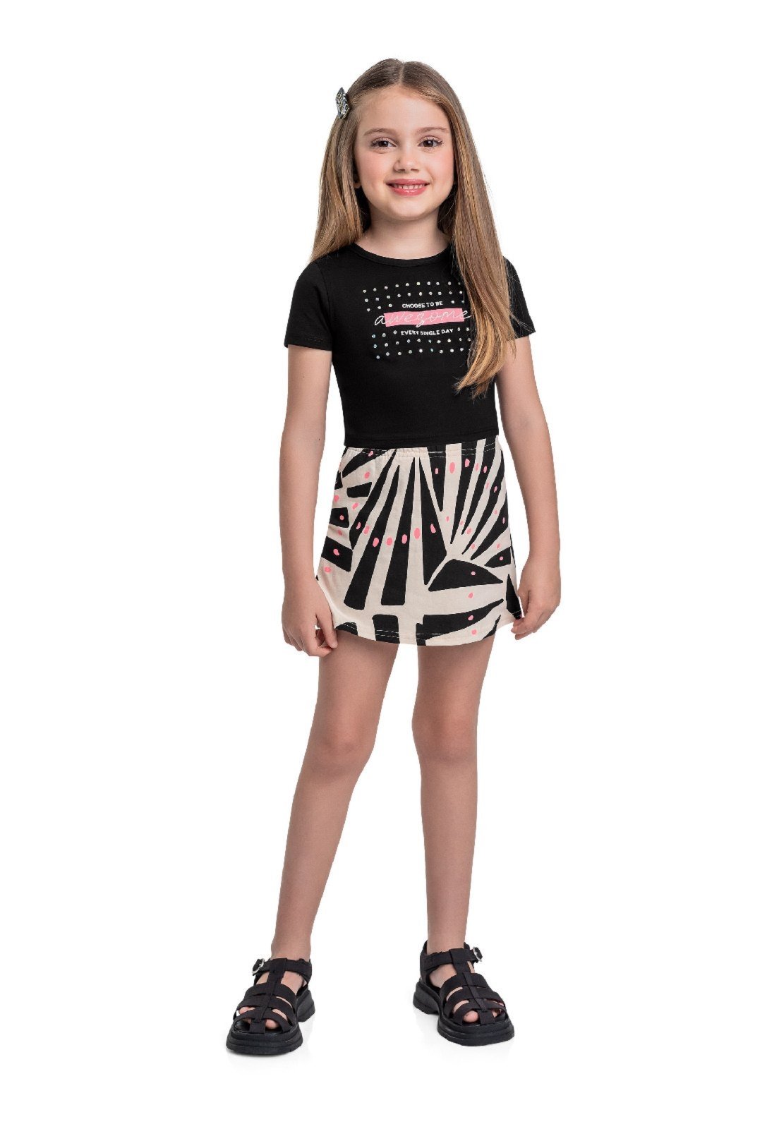 Infantil – Conjunto Blusa Cropped e Short-Saia Bee Loop Preto