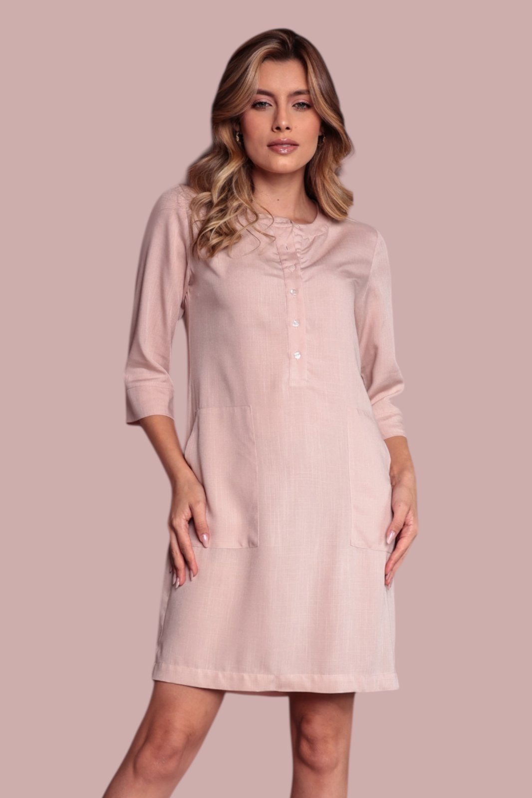 Vestido Chemise fechada Ícone Fashion manga 3/4 Areia