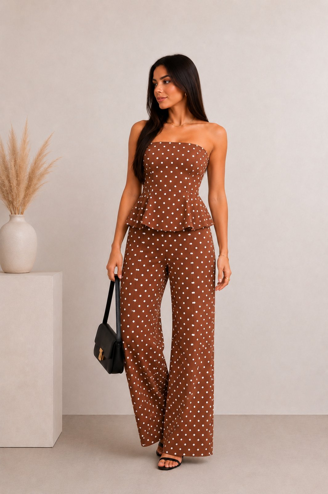 Conjunto Feminino Tomara que Caia com Peplum e Calça Pantalona – Poá Bolinha Marrom