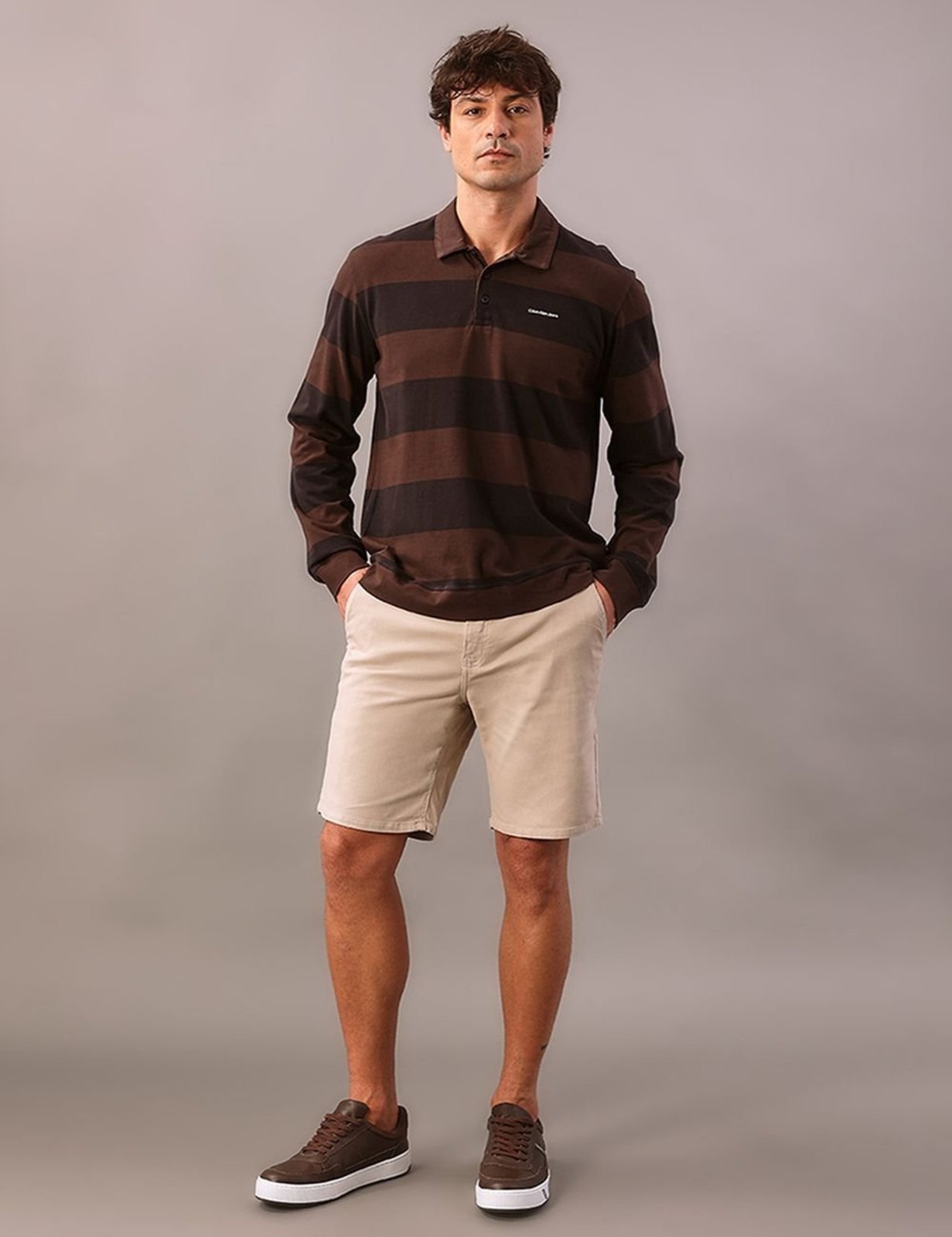 Polo Manga Longa Calvin Klein Jeans Masculino Rugby Listrada - Marrom Calvin Klein Jeans