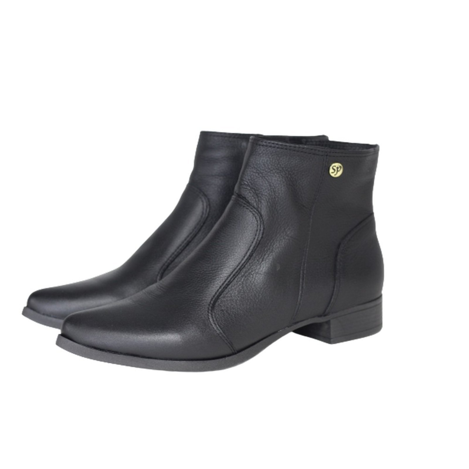 Bota Feminina Bico Fino Cano Curto Couro Salto 2,5 CM Preto Spinelli