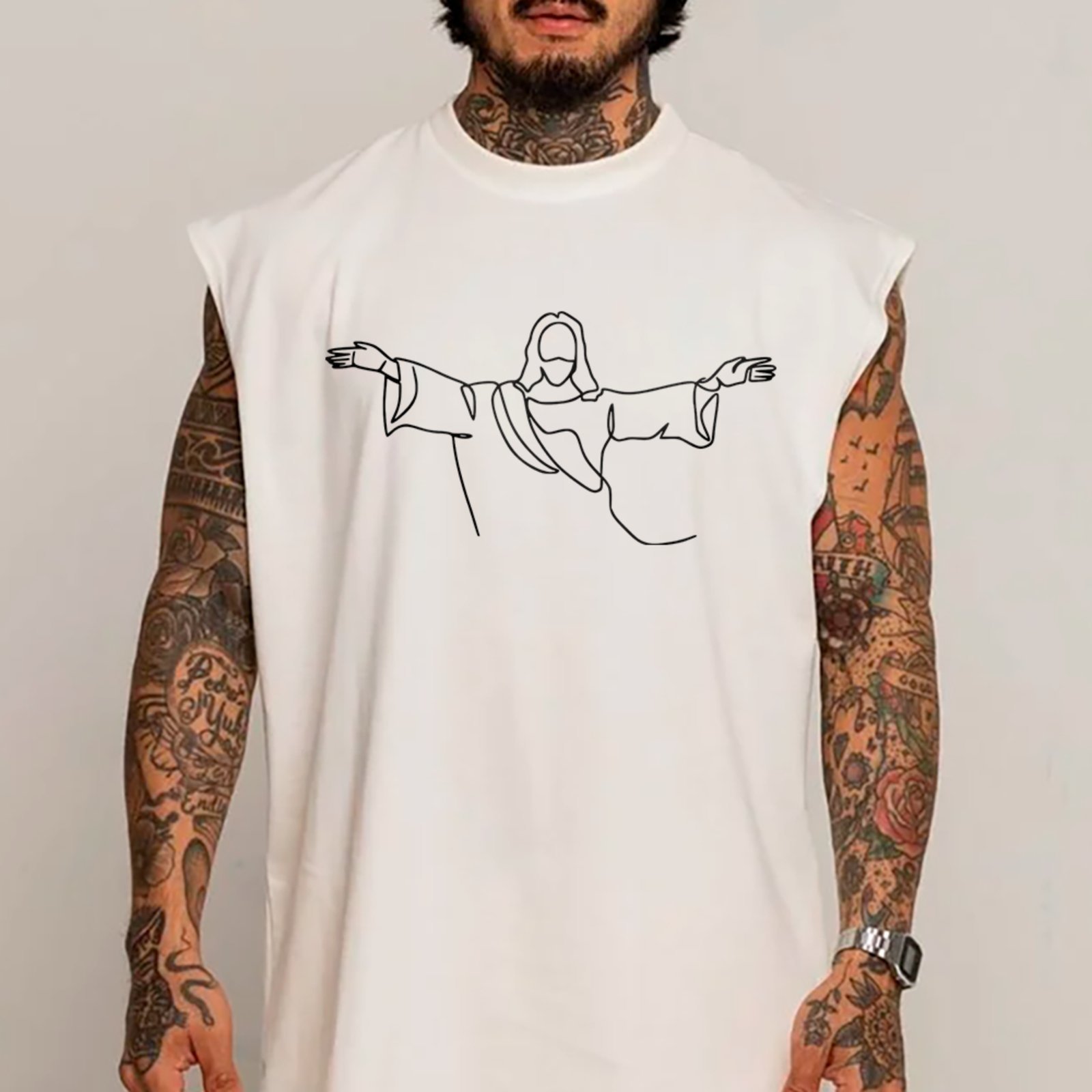 Camiseta Regata Machão Cristã Jesus Braços Abertos Minimal Gospel Style Branco