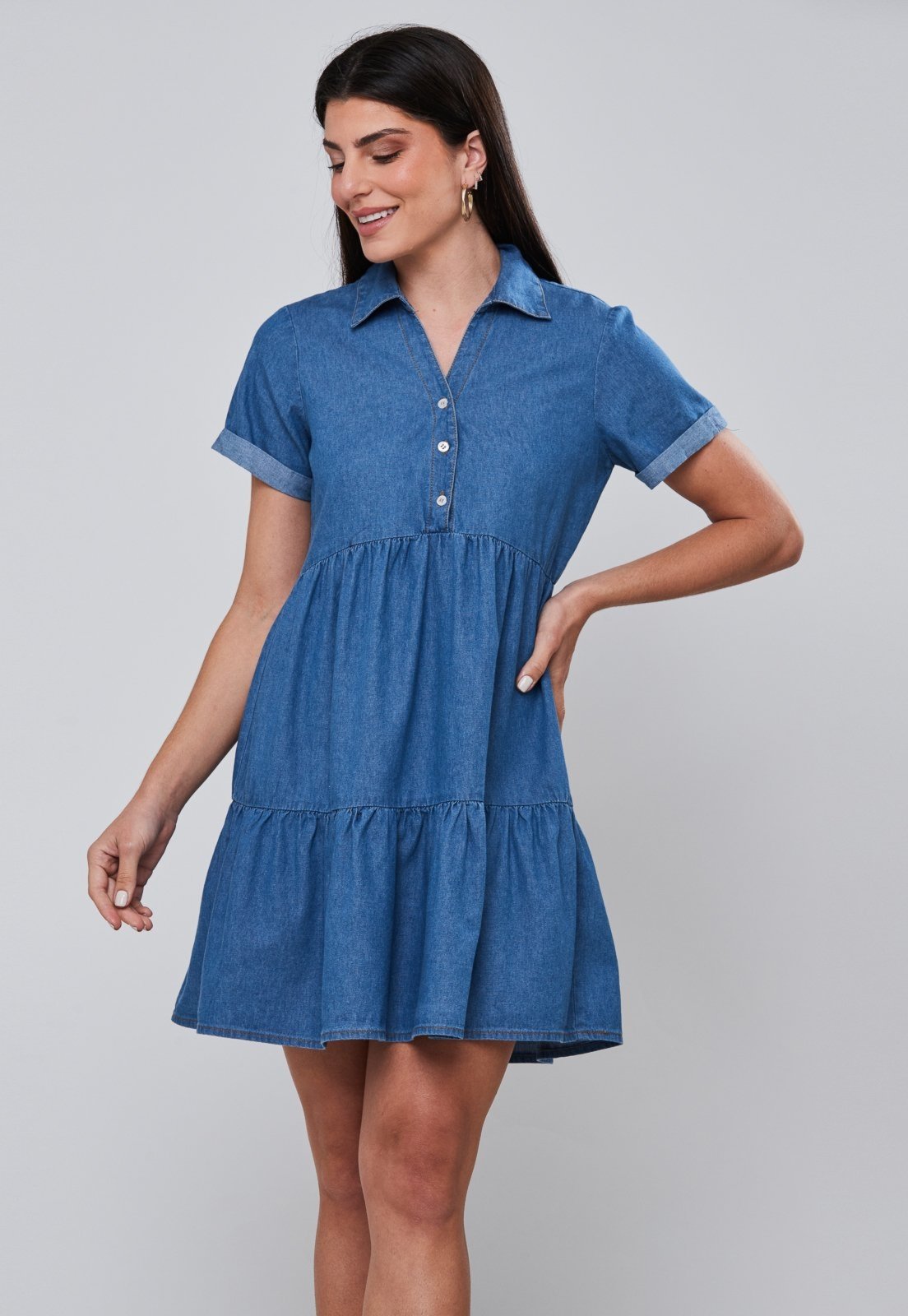 Vestido Jeans Chemise Camadas Franzido Miss Joy 8055 Feminino