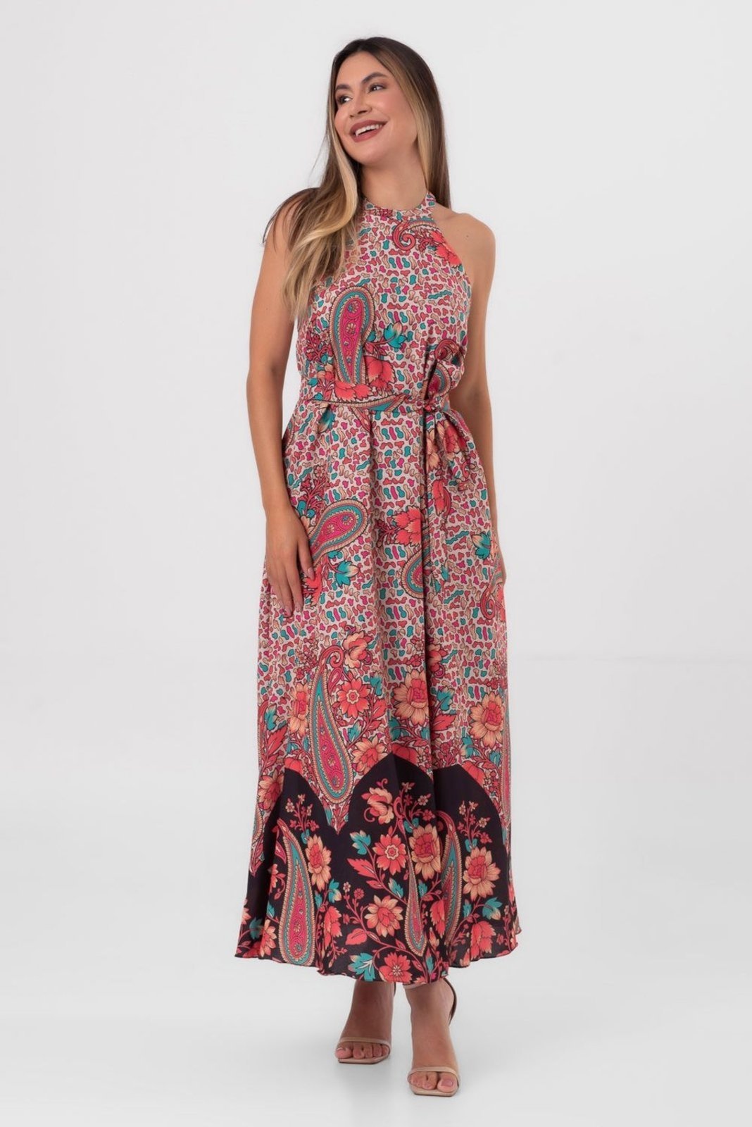 Vestido coluna longo paisley floral pequiá