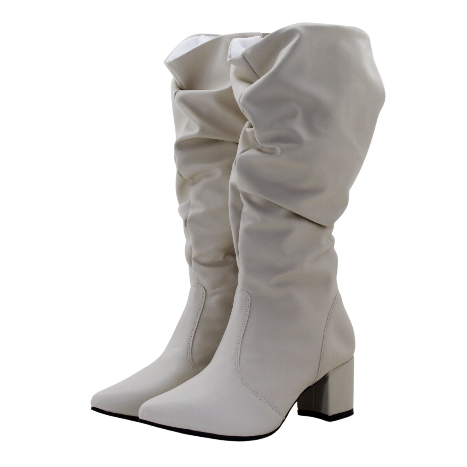 Botas Femininas Slouthy Lirom Cano Alto Salto Bico Fino Off White