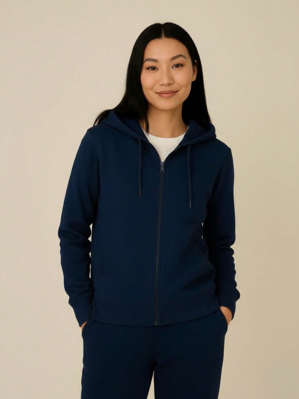 Jaqueta de Moletom Feminino Azul Marinho com Ziper e Capuz Blusa de Frio Inverno Mulheres