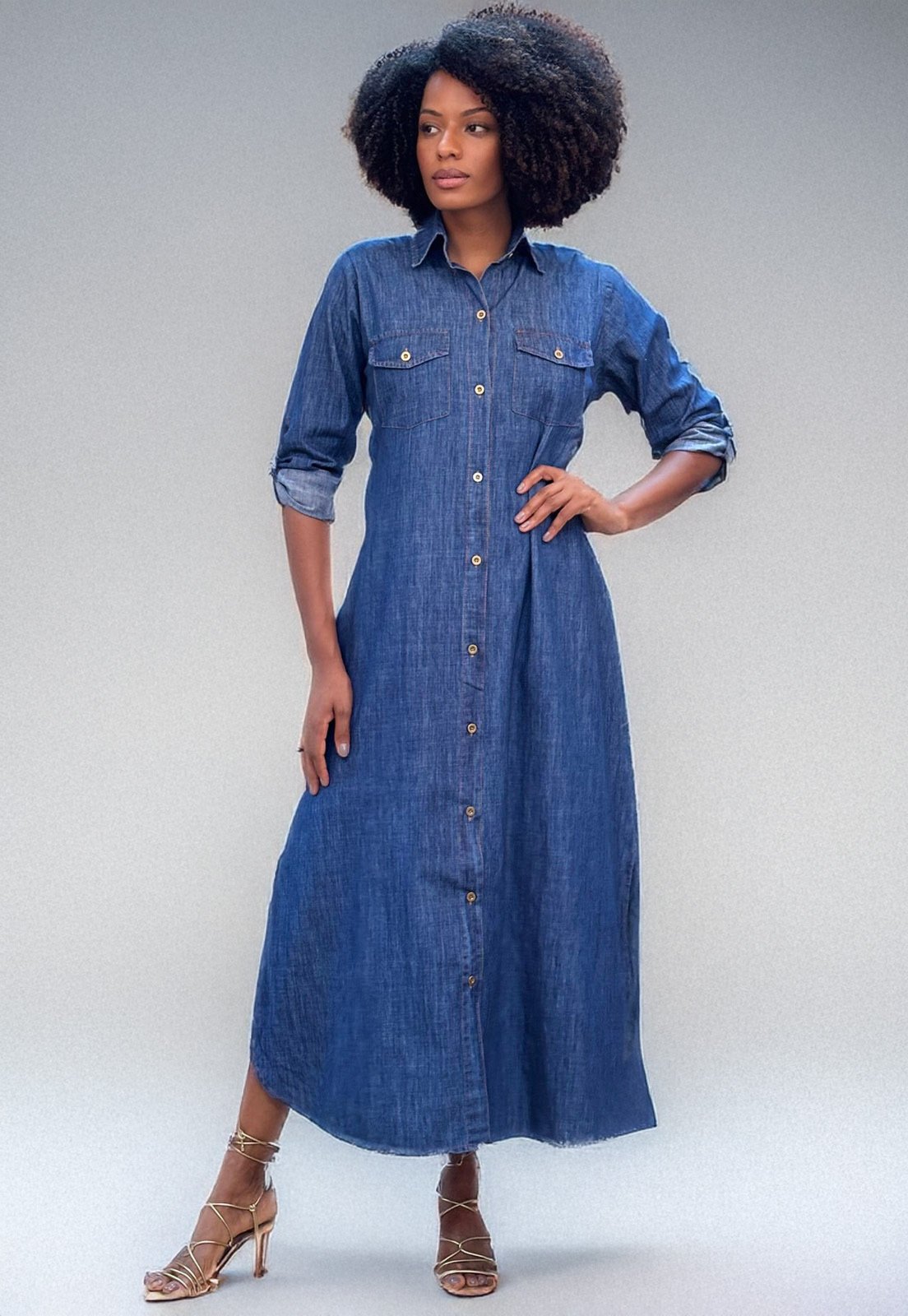 Vista 2 Vestido Cabanafree Chamise longo Jeans Cabanafree azul
