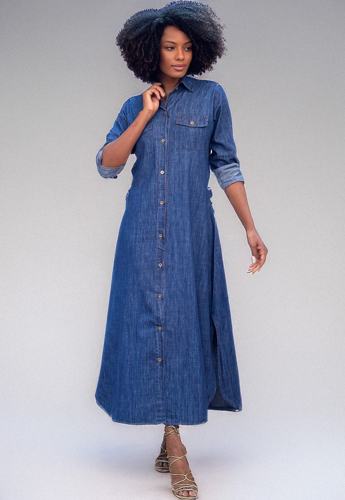 Vista 3 Vestido Cabanafree Chamise longo Jeans Cabanafree azul