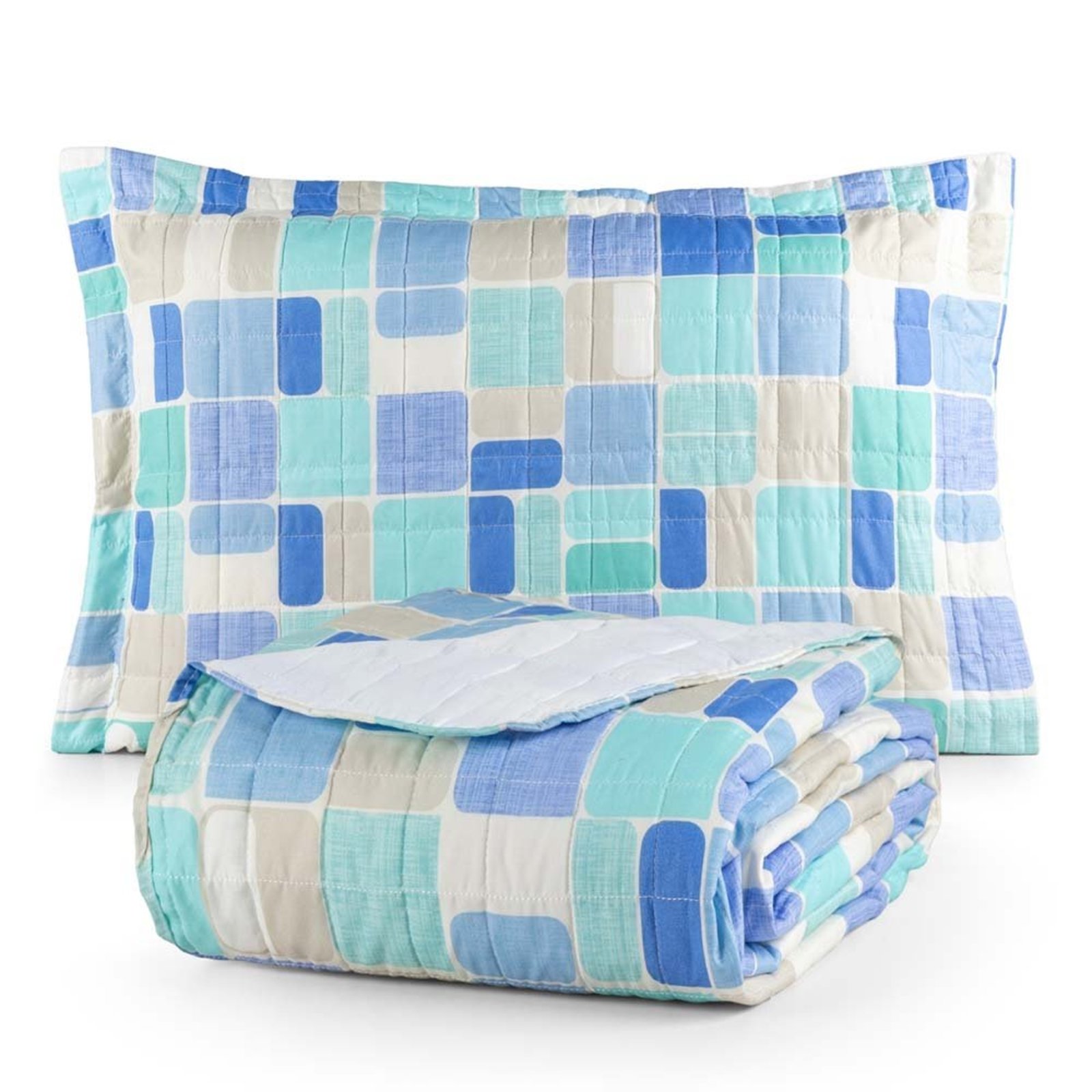 Kit Cobre Leito Karina Solteiro Micropercal 300 Fios Colcha Estampado 2 Peças Mosaico Azul