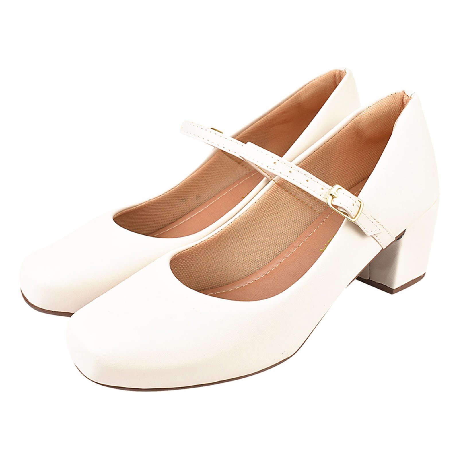 Sapato Scarpin Mary Jane Boneca Bailarina Donatella Shoes Bico Quadrado Salto Confort Fivela Off White