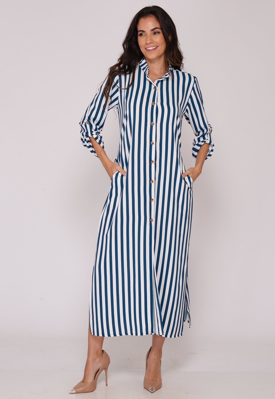 Vestido Chemise Botões M/L B’Bonnie Valentina Listra Azul