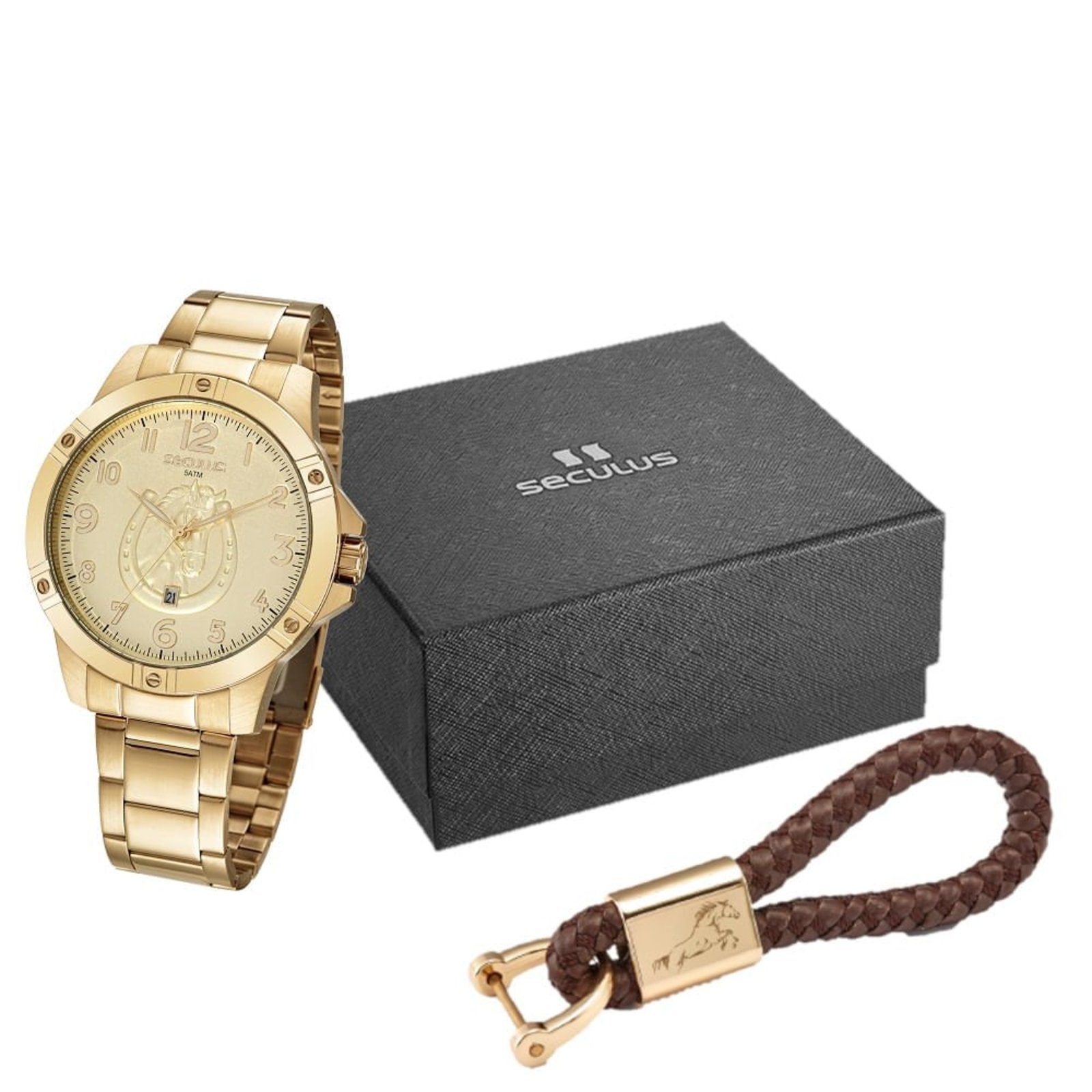 Kit Relógio Masculino Country Dourado Seculus