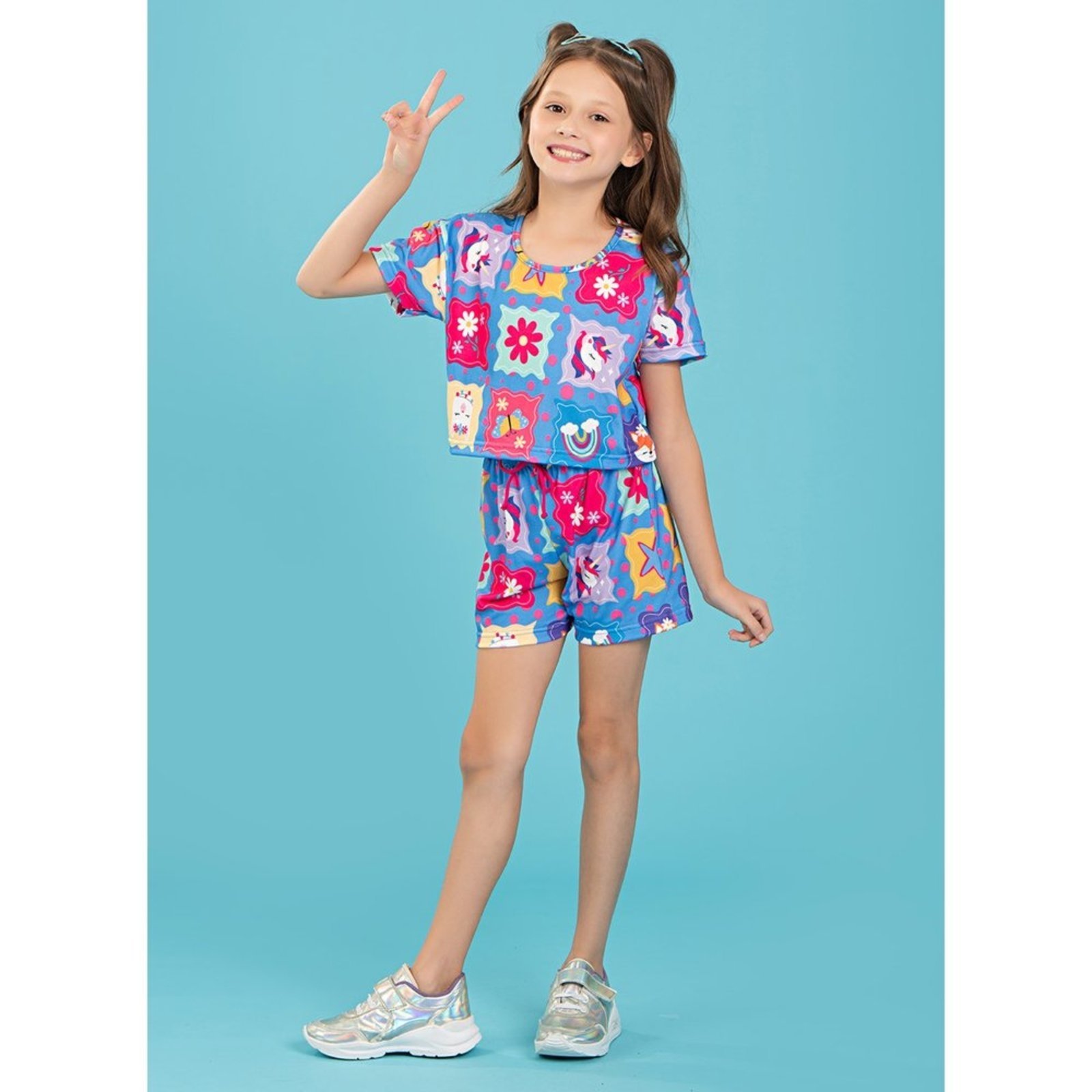 Infantil – Conjunto Verão Menina Horizonte Cropped e Shorts Unicórnio
