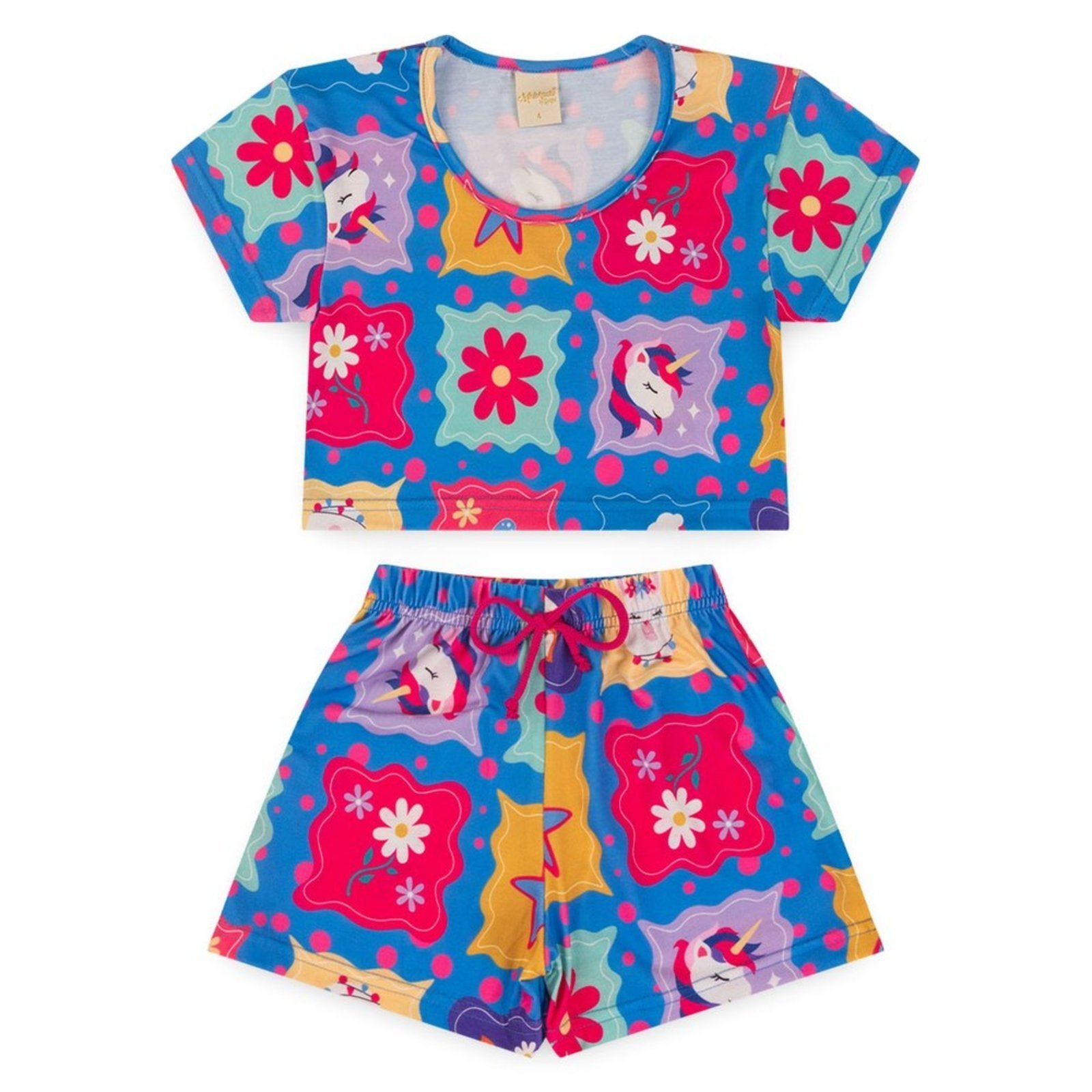 Vista 3 Infantil - Conjunto Verão Menina Horizonte Cropped e Shorts Unicórnio Molekada azul Molekada azul