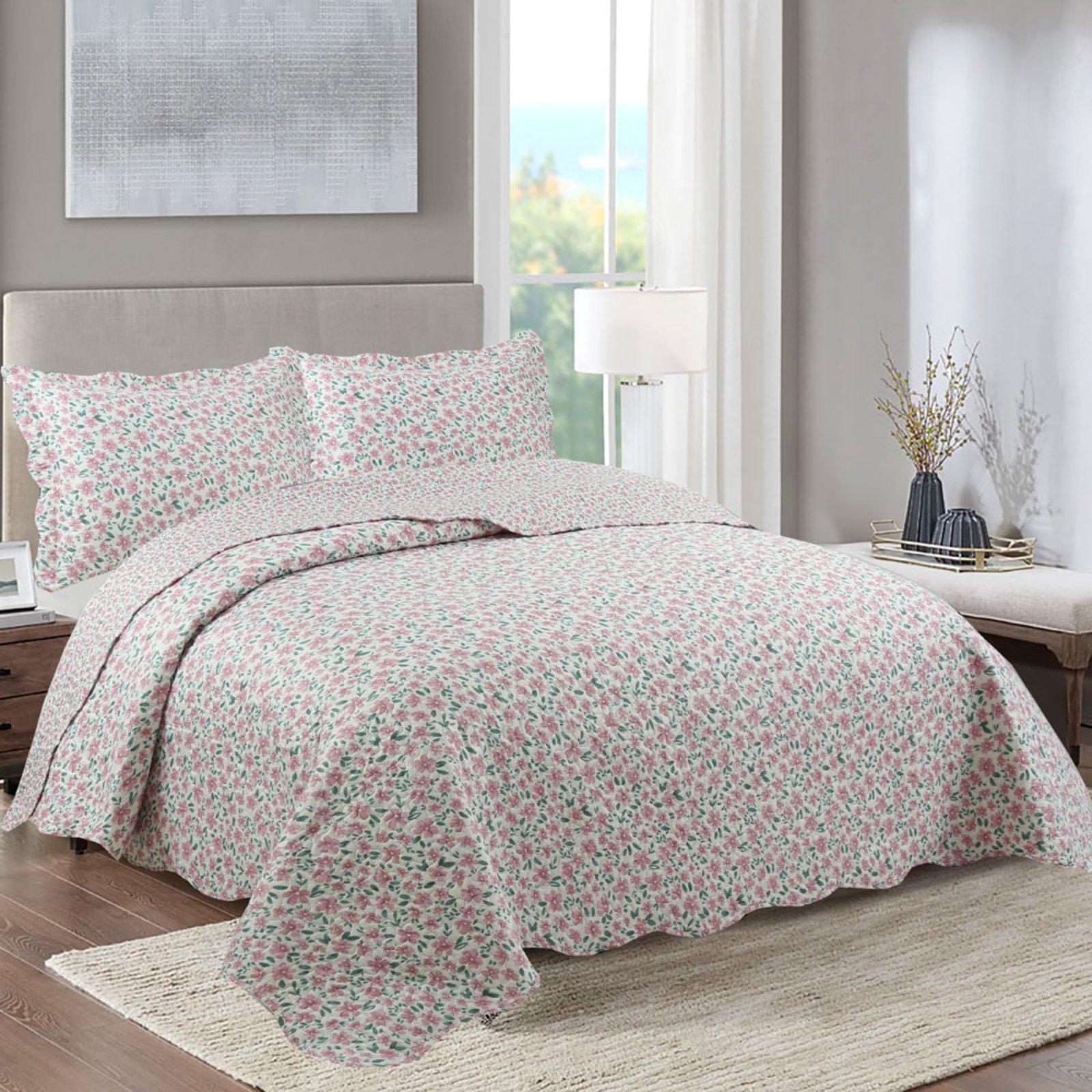 Kit Cobre Leito Colcha Casa Scarpa Mix Queen Estampado Dupla Face Floral 3 Peças - Sabrina - Palha