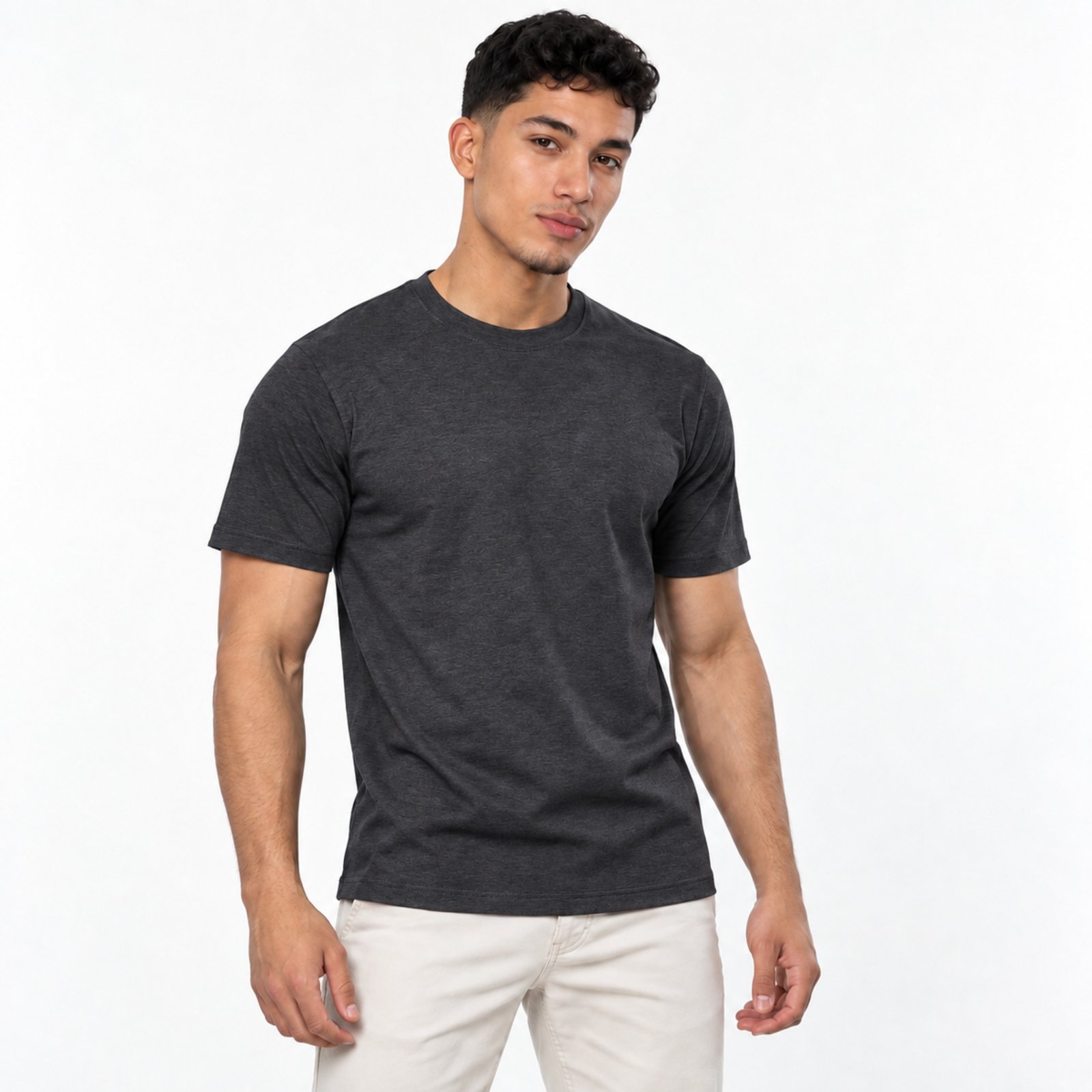 Camiseta Masculina Básica Lisa Manga Curta Algodão e Poliéster Slim Fitness - Mescla Escuro