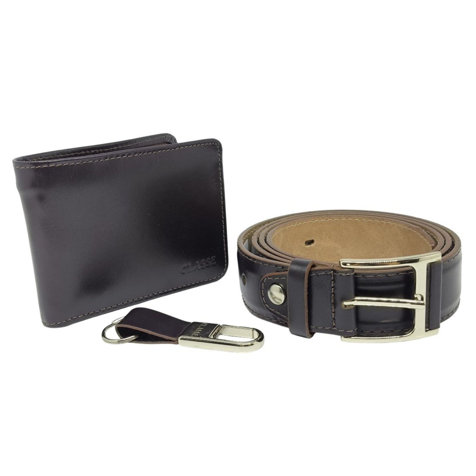 Kit Masculino Cinto+Carteira+Chaveiro Couro Social Classe
