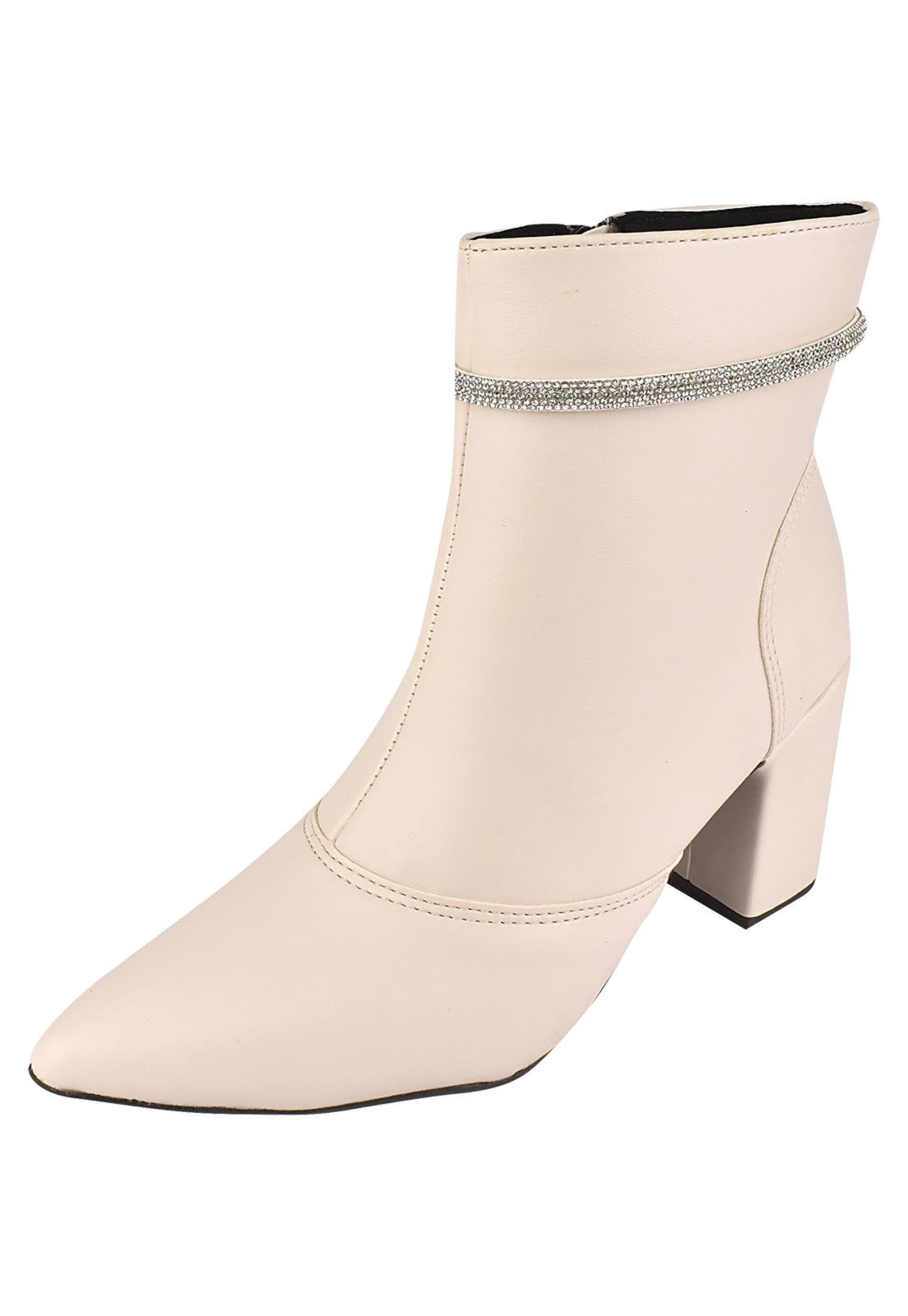 Bota Cano Curto Rosa Chic Calçados Bico Fino Salto Alto Zíper Brilho Strass Feminino Off-White