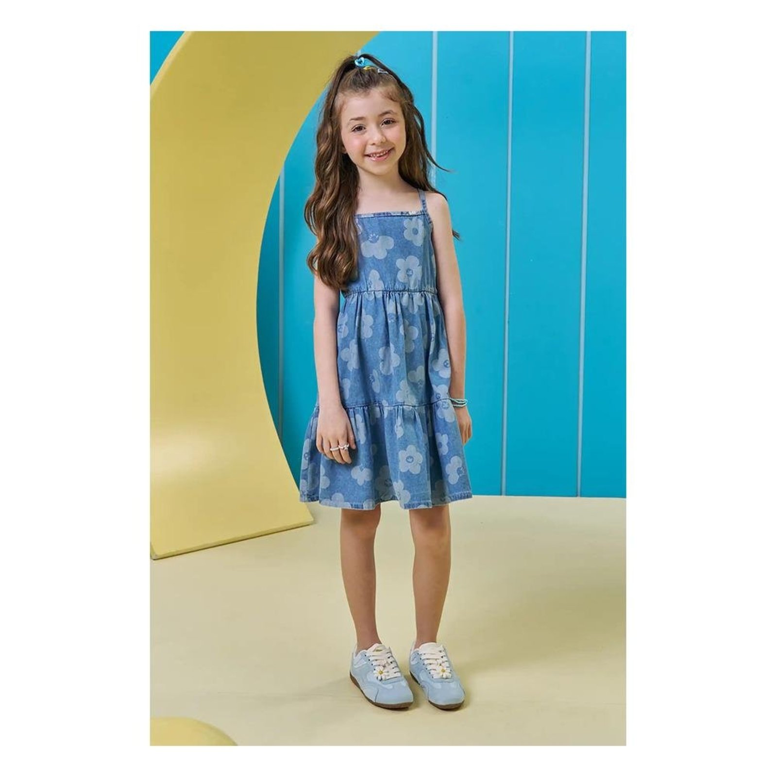 Infantil - Vestido Estampa Floral Alças Kukiê Jeans 10 Azul