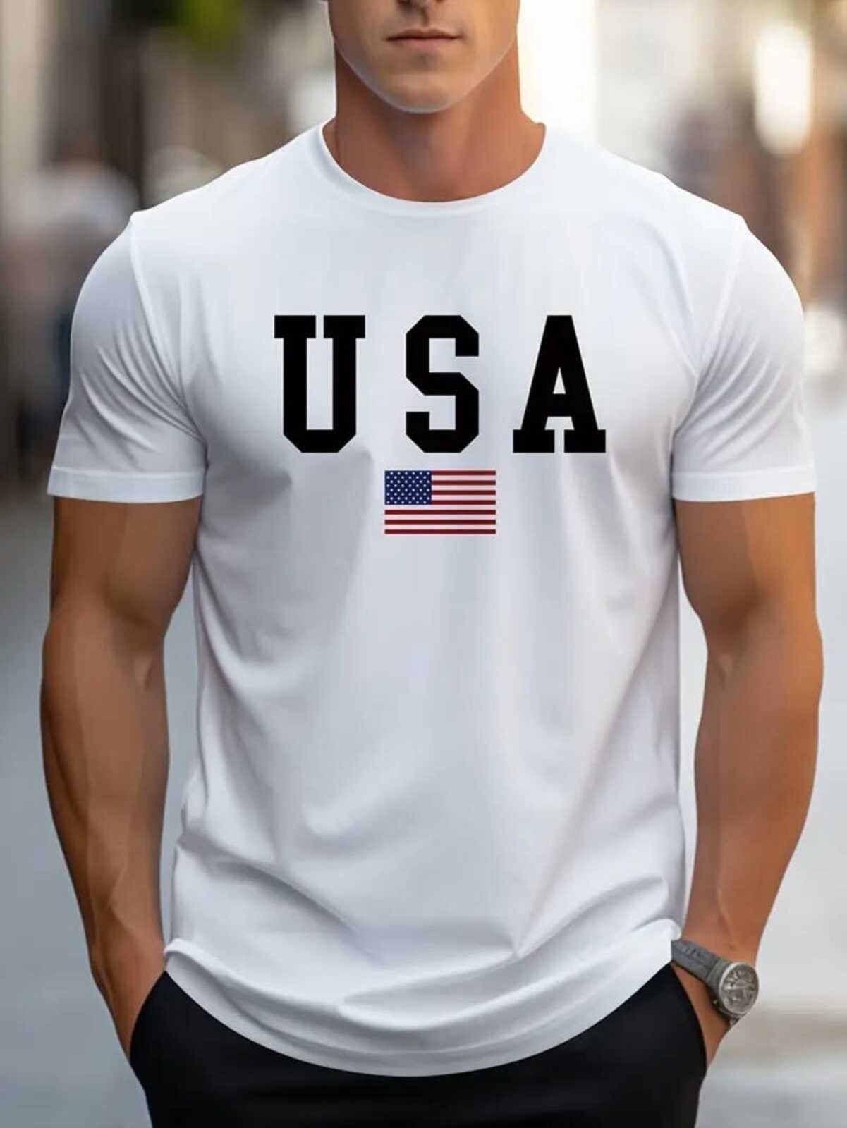 Camiseta Estampada USA Bandeira Safira Moda Algodão Branca