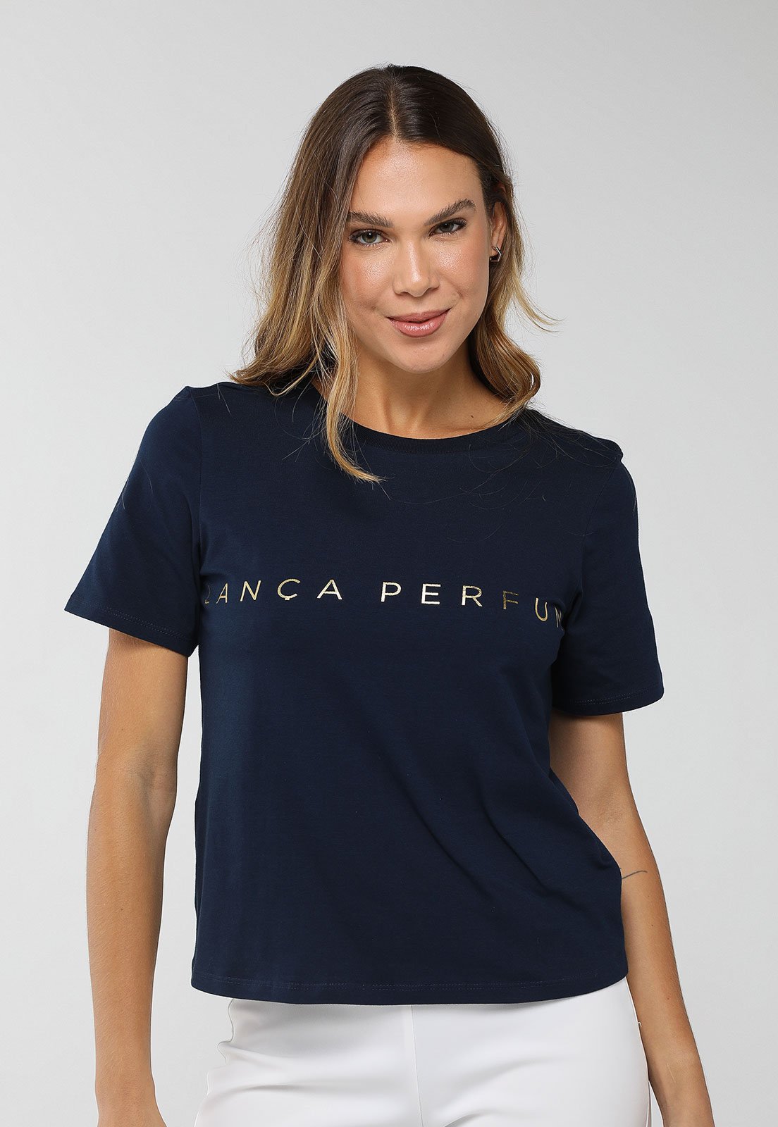 Camiseta Feminina Lança Perfume Estampa Metalizada Azul Marinho